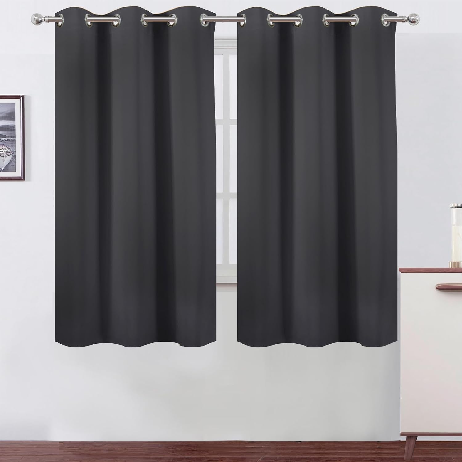 Lemomo Blackout Curtains 42 x 63 inch/Dark Grey Curtains Set of 2 Panels/Thermal Insulated Room Darkening Bedroom Curtains 63 inch Grey