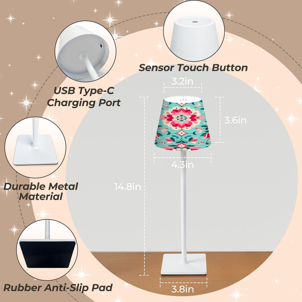 Cordless Mahjong Lamp Floral Damask Pink Blossoms Teal Ornamental Botanical Design Small LED Lamp 3 Color Dimmable Rechargeable Lamps for…