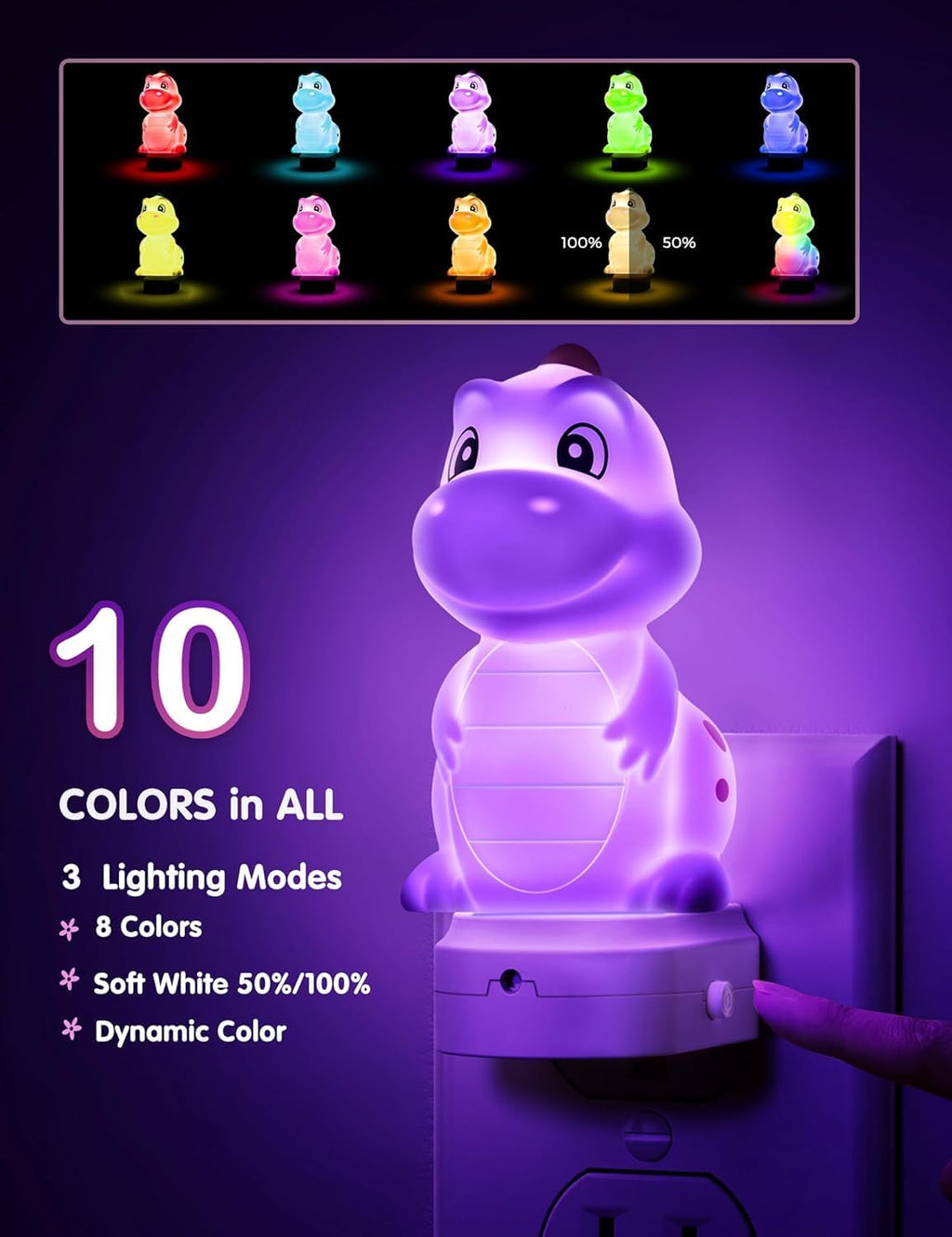 L LOHAS LED Plug in Night Light for Kids,2-Pack 3D Cute Dinosaur Night Lights with Dusk to Dawn Sensor, RGB+Soft White 3000K Dinosaur…