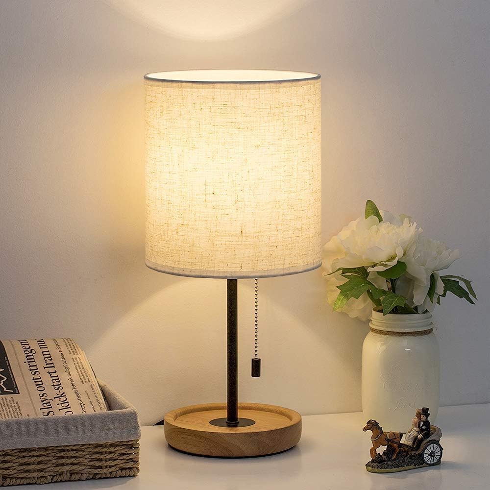 HAITRAL Bedside Table Lamp - Modern Nightstand Lamp with Linen Fabric Shade Wooden Desk Lamps for Bedrooms, Office, College Dorm, Dinning…