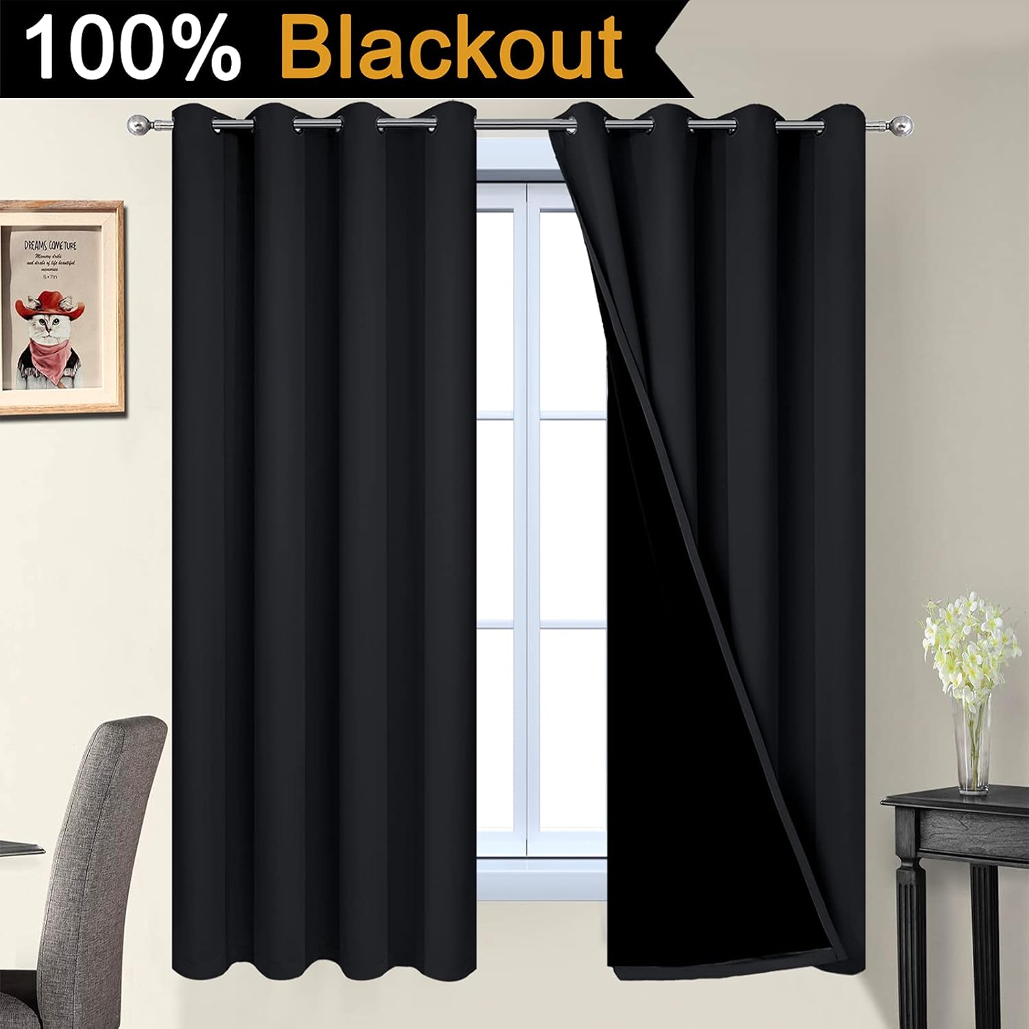 Yakamok 63 Inch Length 100% Blackout Curtains for Bedroom, 2 Thick Layers Thermal Insulated Grommet Total Blackout Drapes with Black Liner…