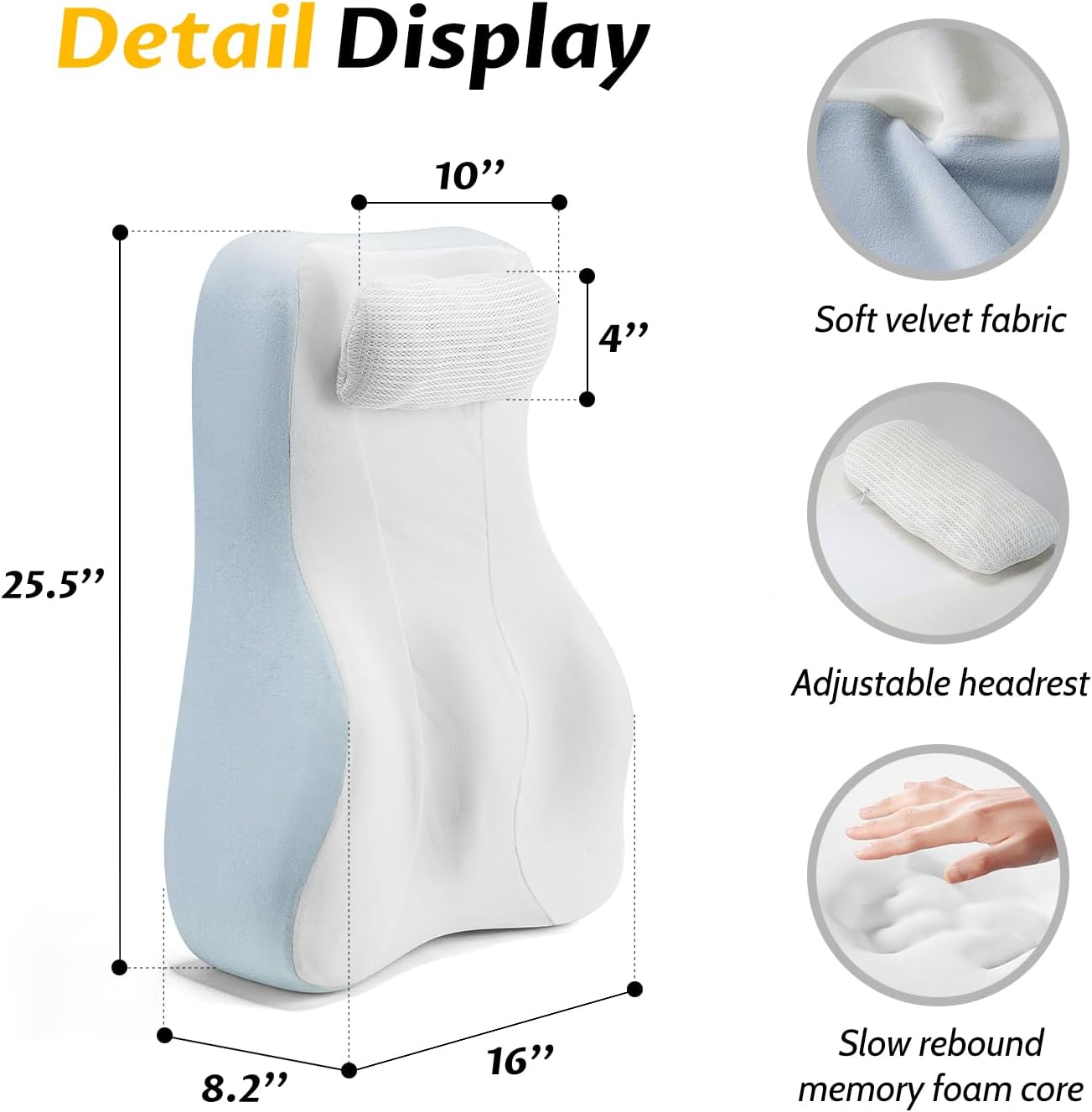 Ergonomic S Curve Reading Pillow for Sitting in Bed Adult- Back Pillow for Bed Sitting up with Adjustable Headrest- Memory Foam White, Blue