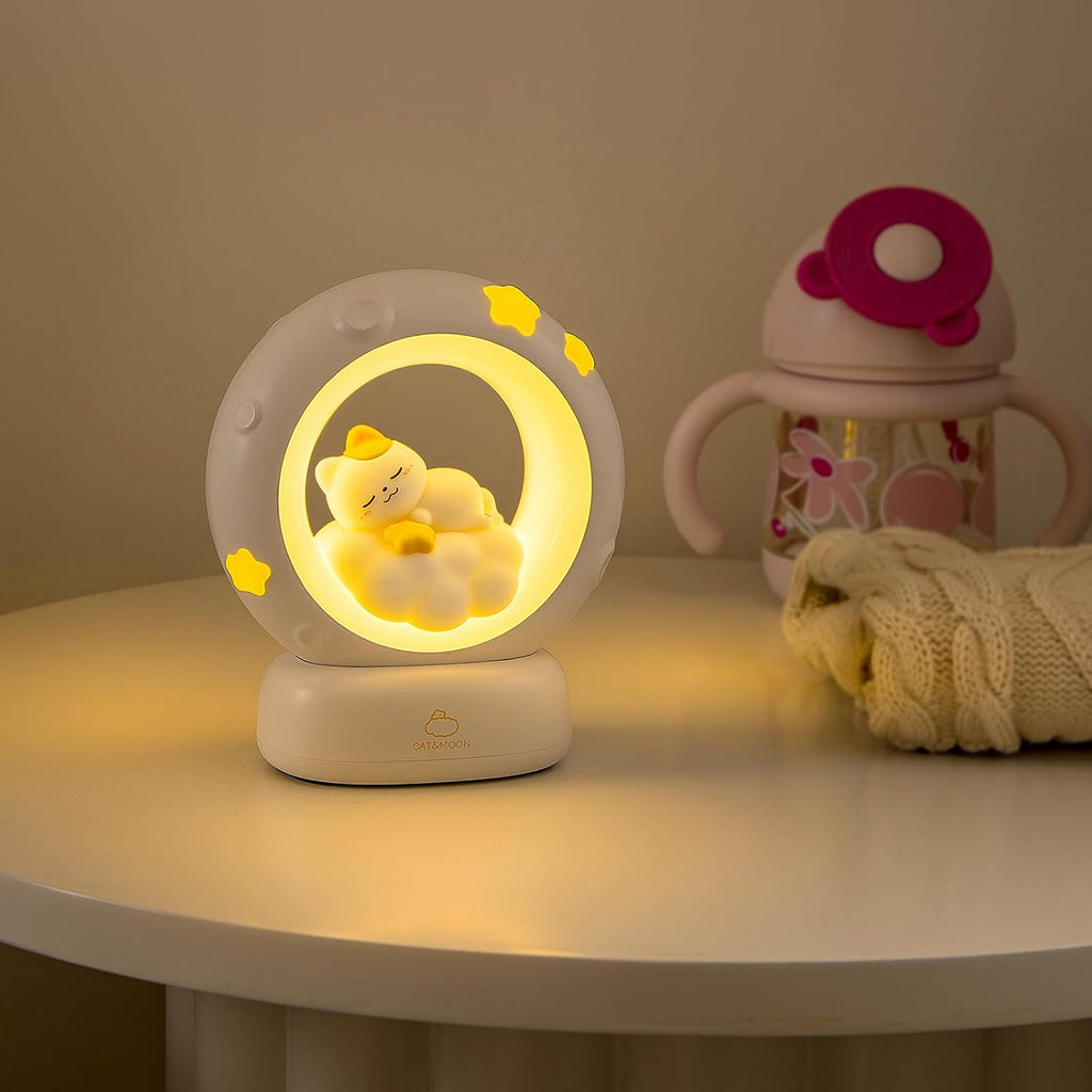Moon and Cat Rechargeable Night Light, Safe PVC and ABS Material, 3 Brightness Levels, Tap Control, Warm Light, Toddler Sleeping Lamp…