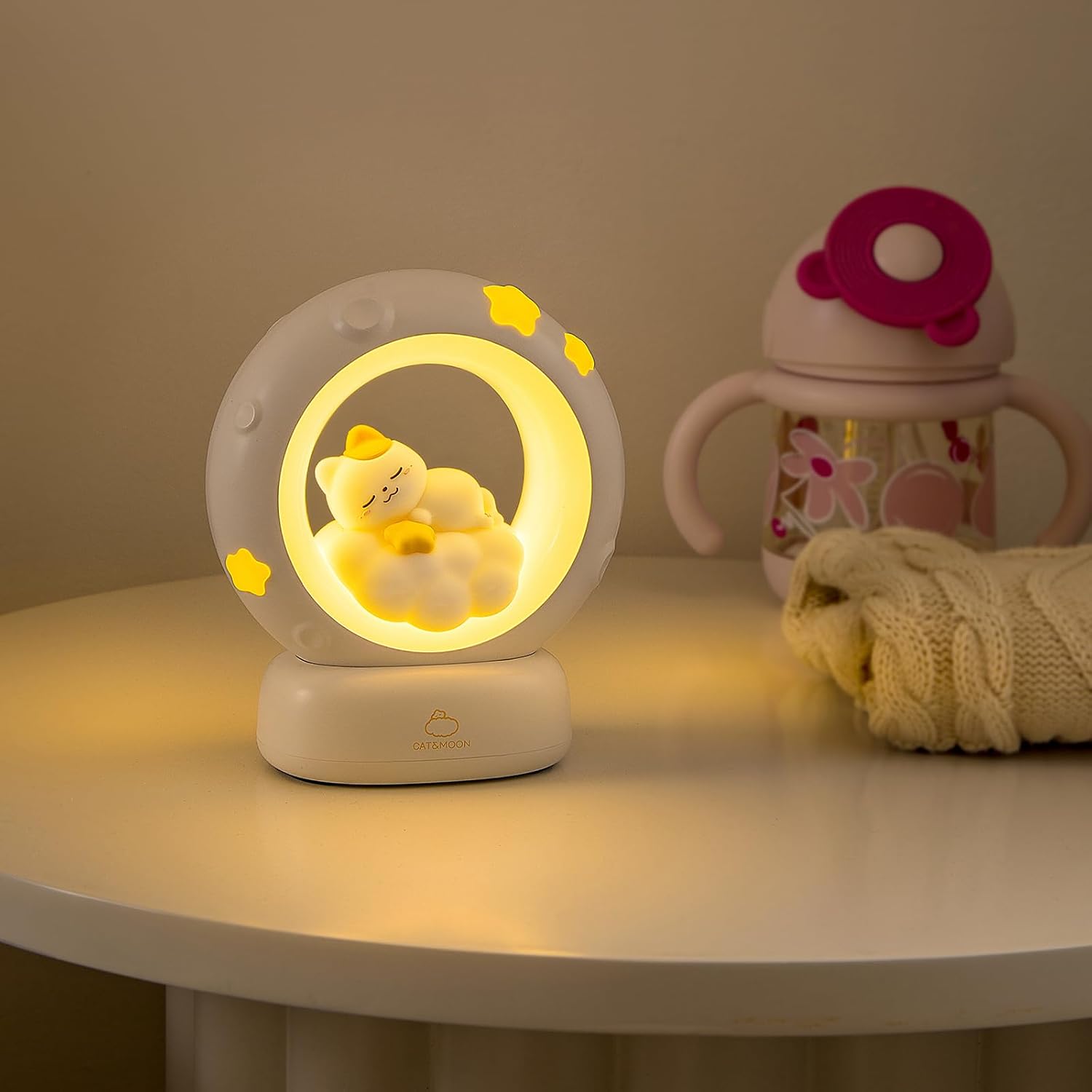 Moon and Cat Rechargeable Night Light, Safe PVC and ABS Material, 3 Brightness Levels, Tap Control, Warm Light, Toddler Sleeping Lamp…