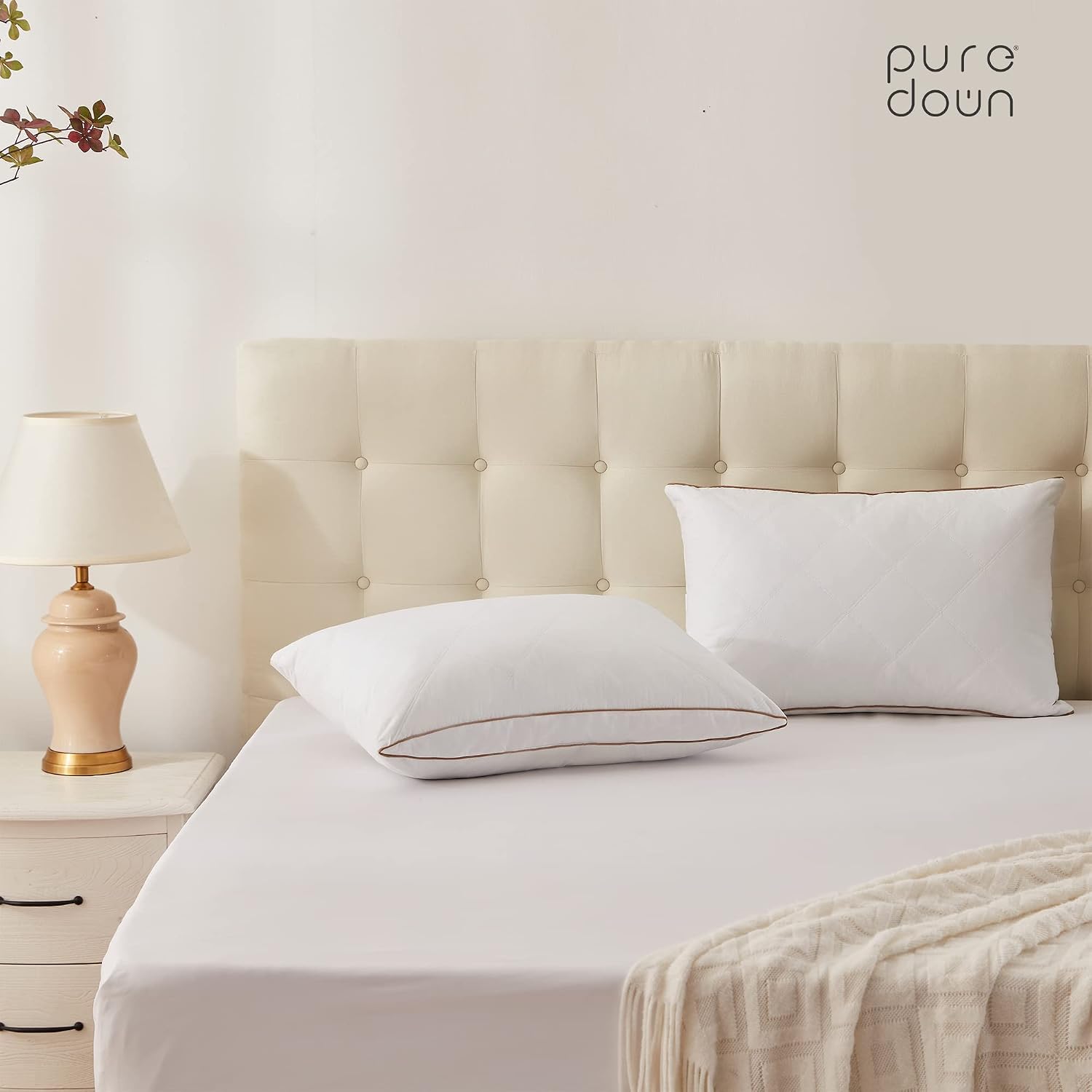 puredown® Natural Goose Down Feather Pillows for Sleeping Oval Gusseted Down Feather Pillow 100% Cotton Pillow Cover with Leaf Quilting…