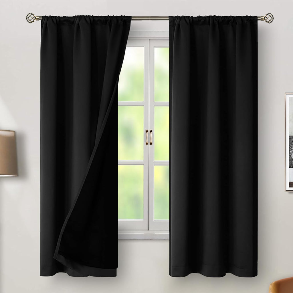 BGment Black 100% Blackout Curtains 63 Inches Long with Thermal Insulated Liner, Rod Pocket and Back Tab Double Layer Full Room Darkening…