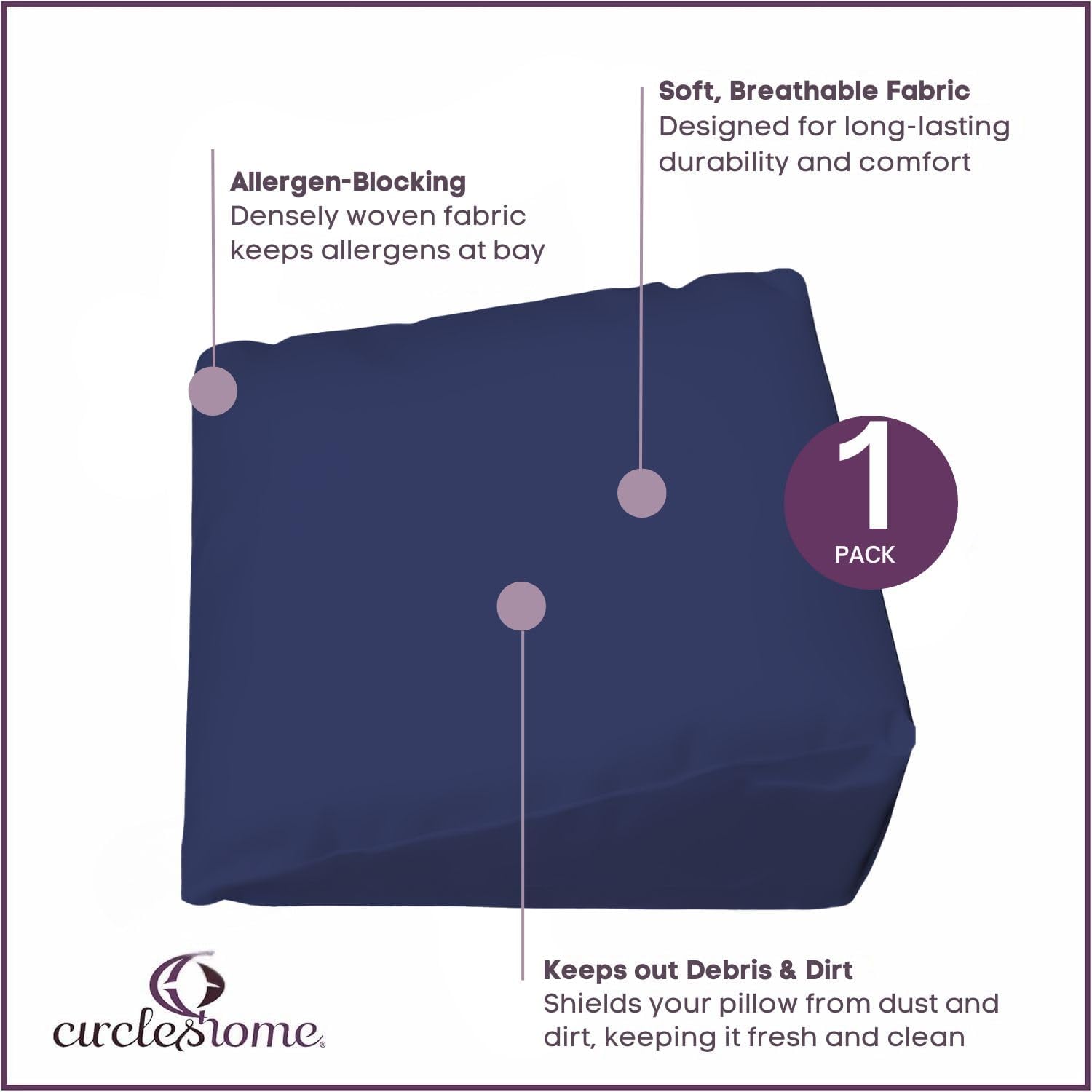 CirclesHome Wedge Pillow Cover 100% Cotton, Zippered Wedge Pillow Case Protector, Soft, Hypoallergenic & Breathable - Navy, (24Wx25Lx12) 12…
