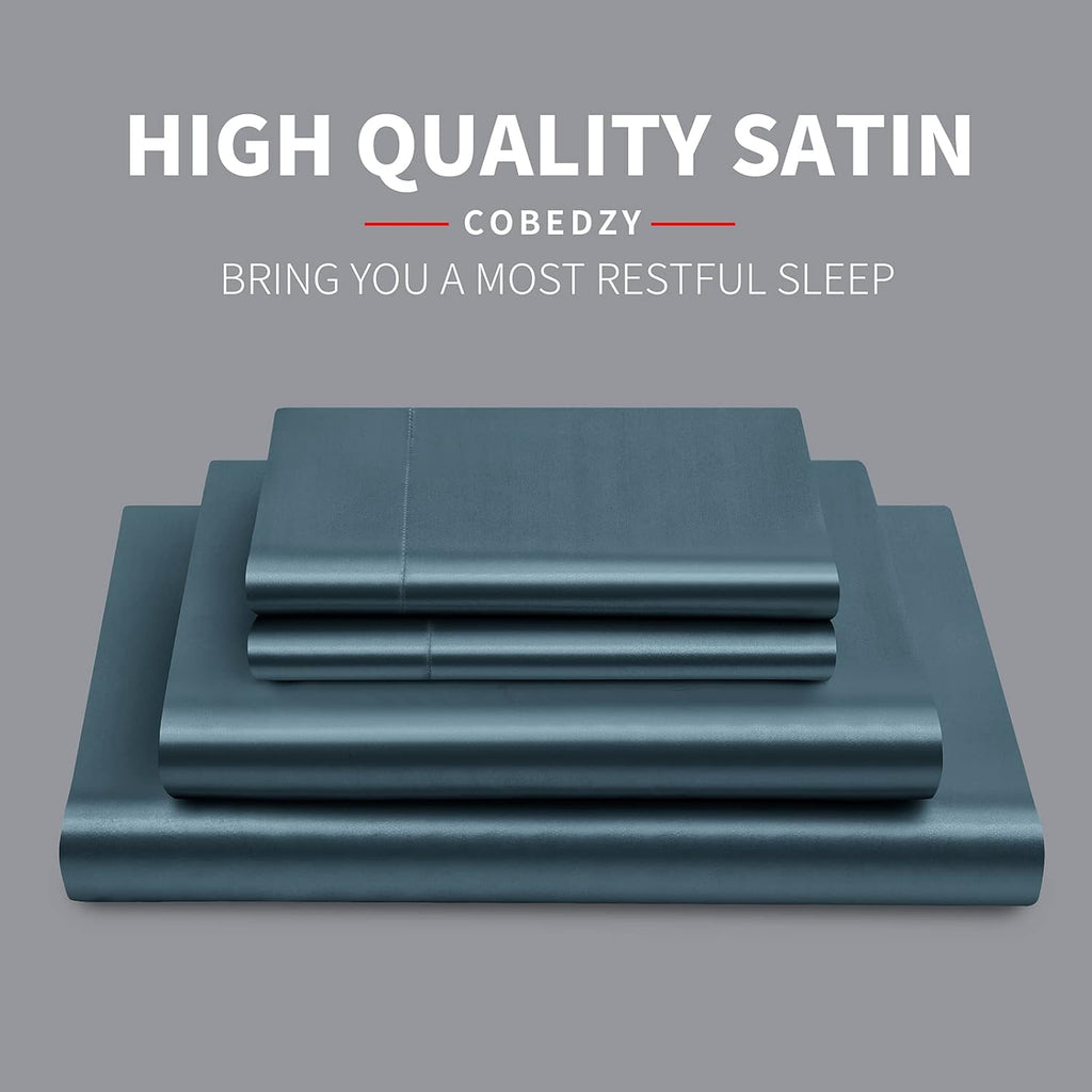 Cobedzy 4 Pieces Navy Blue Satin Sheets Queen Size Bed Set, Luxury Silky Satin Bedding Sheets Set with 1 Deep Pocket Fitted Sheet, 1 Soft F…