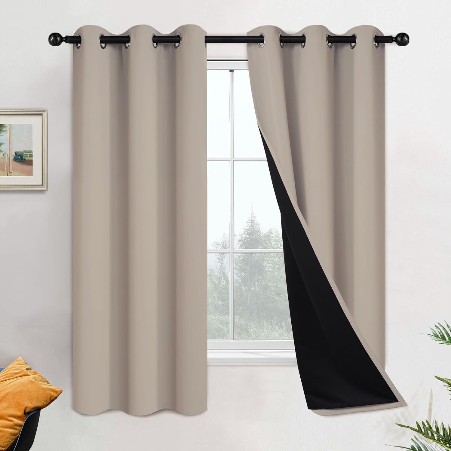 Yakamok 100% Blackout Curtains 63 Inches Long, 2 Thick Layers Heat and Full Light Blocking Soft Thermal Insulated Drapes for Bedroom(42" Wi…