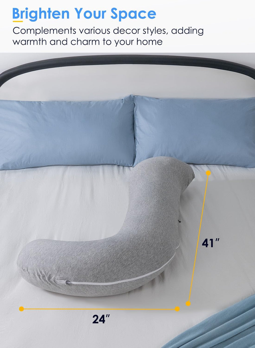 Queenrose QUEEN ROSE Body Pillow, Full Body Support Pillow for Side Sleepers, Cooling Soft S Shaped Hug Pillow for Adults, Grey Grey