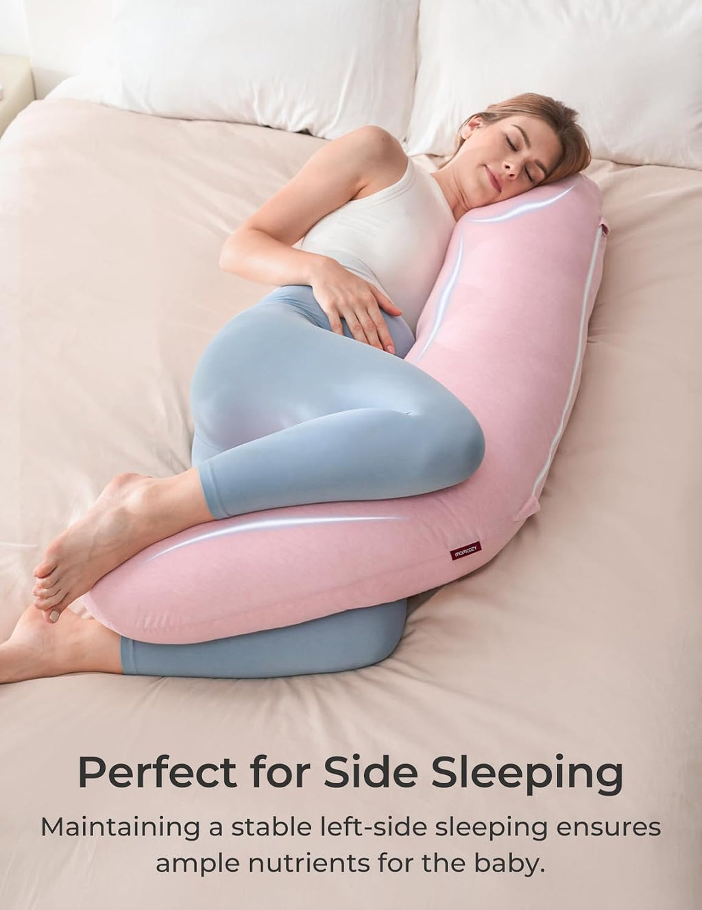 Momcozy Body Pillow for Pregnancy, J Shaped Pregnancy Pillows for Side Sleeping, Soft Maternity Pillow with Jersey Cotton Cover for Head Ne…