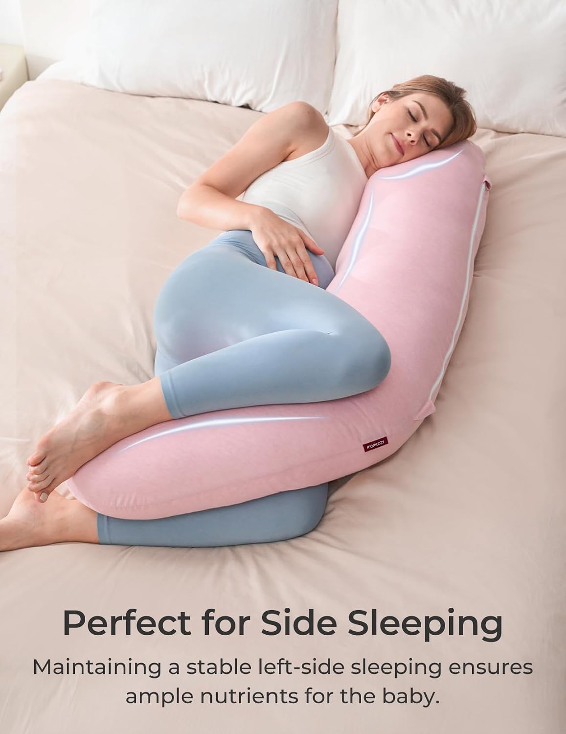 Momcozy Body Pillow for Pregnancy, J Shaped Pregnancy Pillows for Side Sleeping, Soft Maternity Pillow with Jersey Cotton Cover for Head Ne…