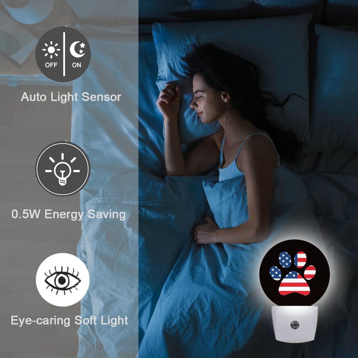 USA Flag Paw Plug in Night Light Auto Light Round Lamps Energy Saving Gift for Women Men Friends