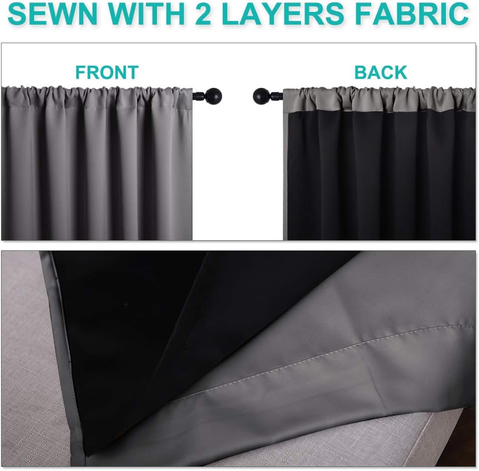 Nicetown Total Shade Curtains and Draperies, Grey Blackout Bedroom Curtains, Heavy-Duty Rod Pocket Drapes with Black Liner Backing for Vill…