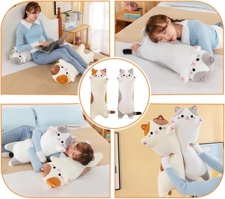 Cat Plush Stuffed Animals Cute Long Cat Body Pillow Plushies Soft Huggable Kitty Pillows for Girls Kids Adults Cat Lovers (New Beige…