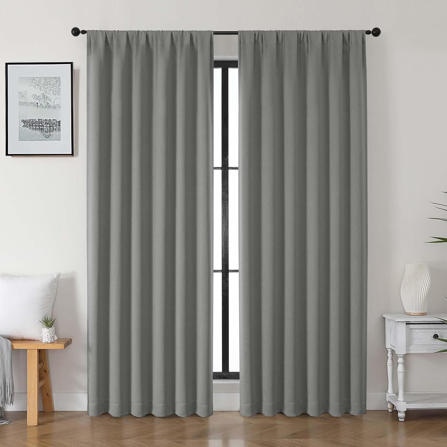 Gwine Light Grey Blackout Curtains for Bedroom 84 inches Long 2 Panels Set, Solid Noise Reducing Thermal Insulated Blackout Curtains for…