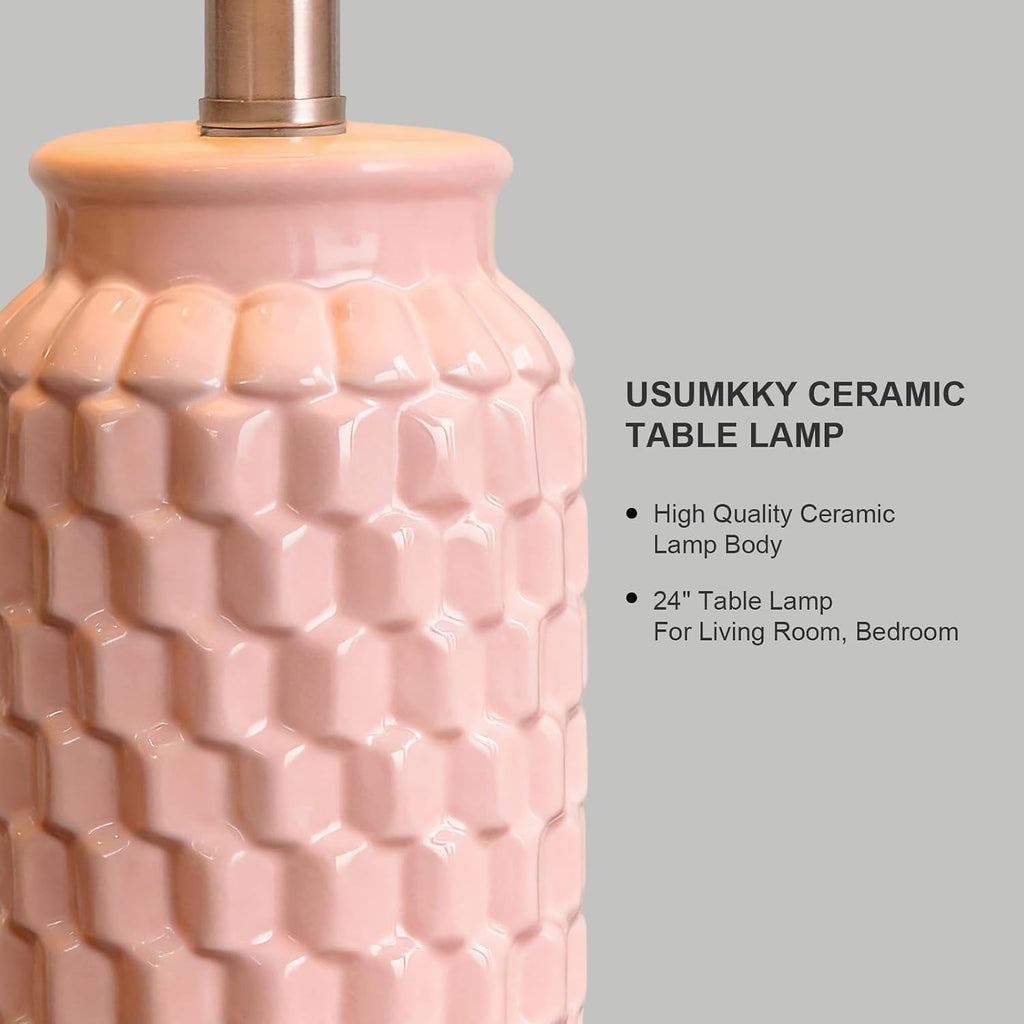 USumkky 24" Modern Ceramic Pink Bedside Lamp Set of 2 Table Lamp for Bedroom Decor Farmhouse Table Lamp for Living Room Office Dorm