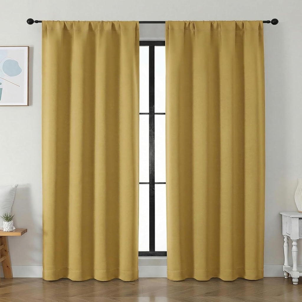 Simplebrand Ava Bright Gold Blackout Curtains for Bedroom 84 Inch Length 2 Panels Set, Solid Thermal Insulated Privacy Living Room Window T…