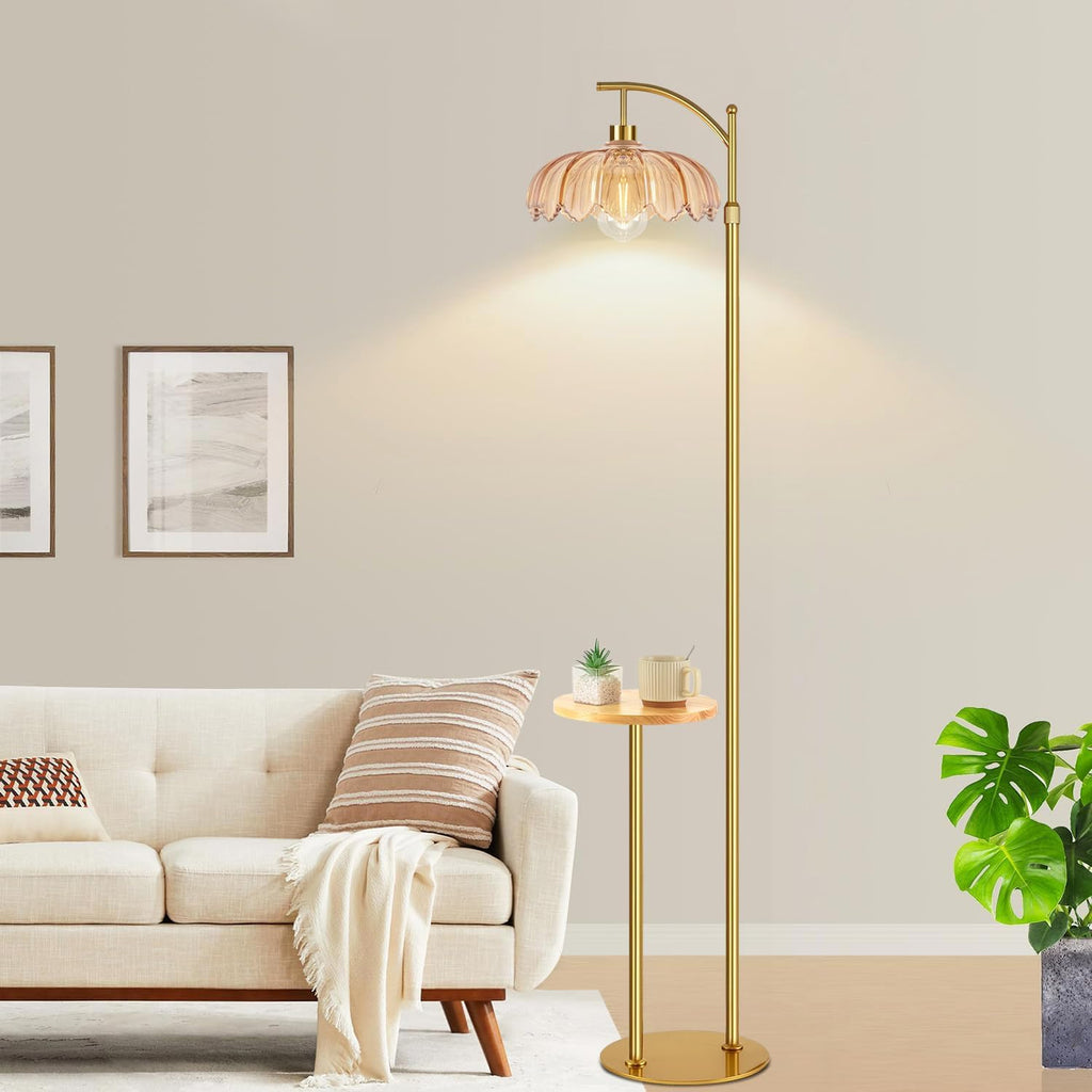 QIYIZM Gold Floor Lamp with Table and Shelves for Living Room Bedroom, Glass Standing Lamp with Remote Dimmable, Boho Brass Tall Lamp…