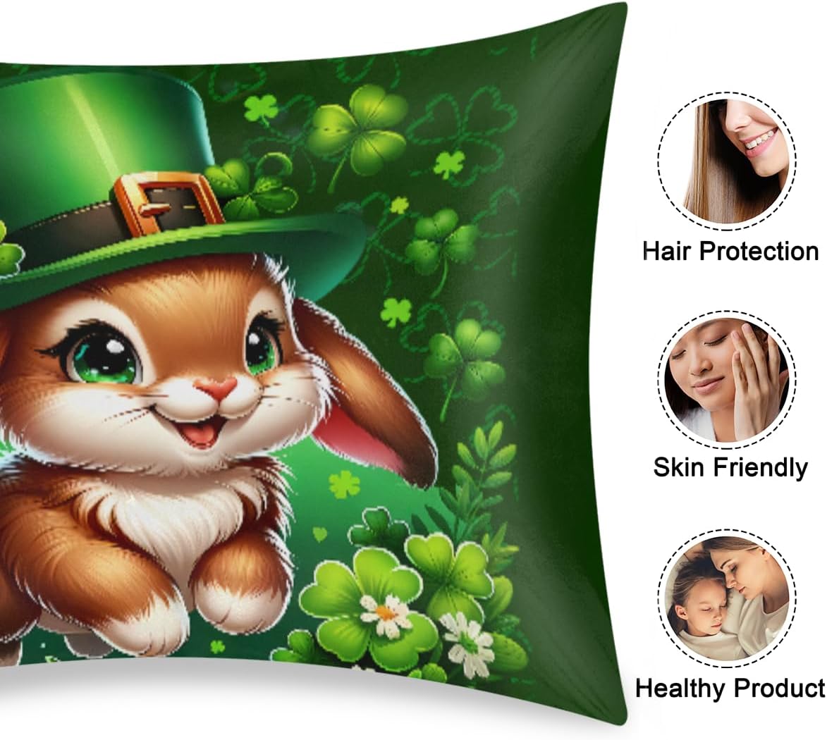St. Patrick's Shamrock Bunny Satin Pillowcase for Hair and Skin Soft Silk Pillow Case with Envelope Closure Cooling Pillow Cases Slip…