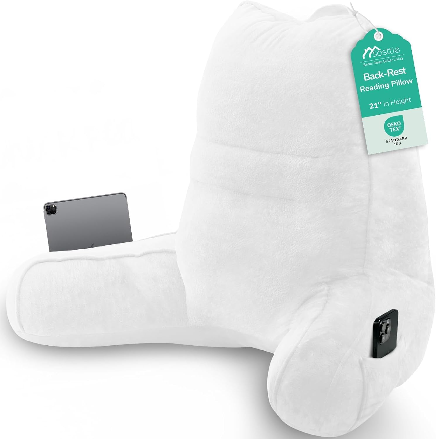 Sasttie Reading Pillow, Pillows for Reading or Relaxing – Ergonomic Support for Head, Neck, Back, and Lumbar, 21-Inch, White White