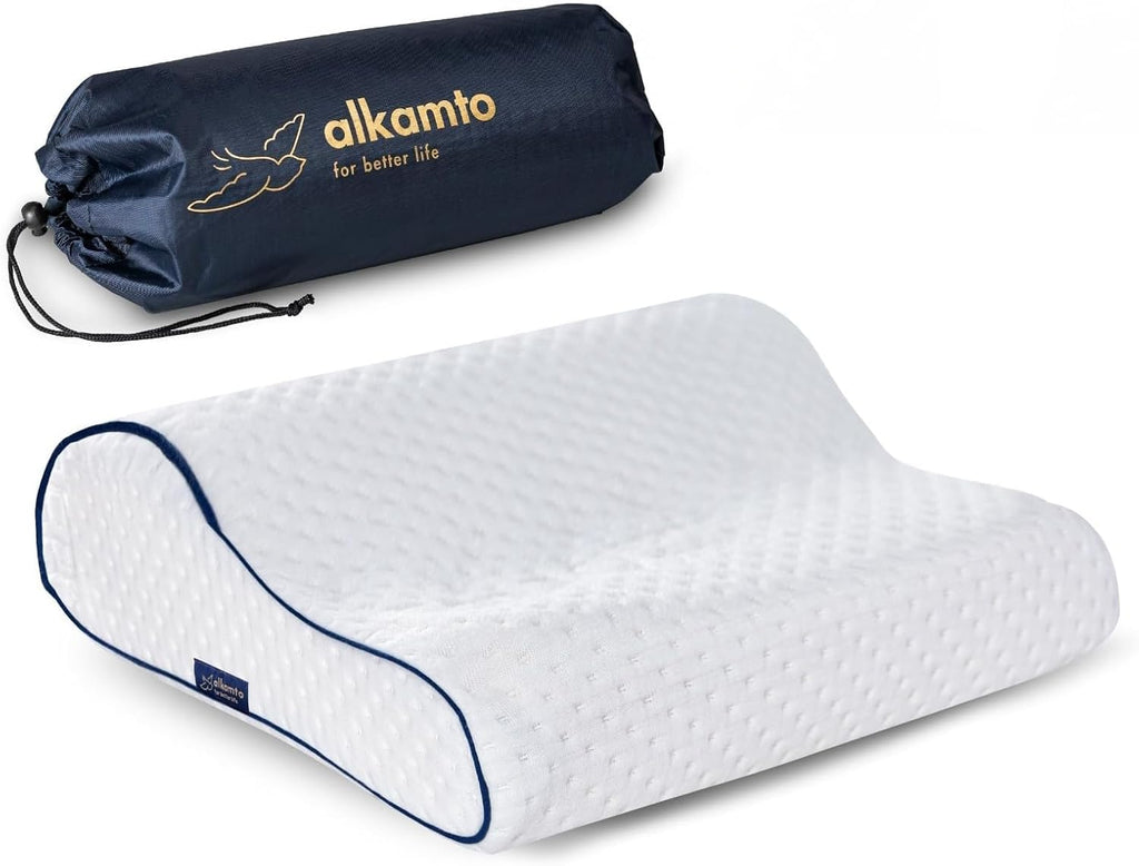 alkamto Travel & Camping Comfortable Memory Foam Pillow – Easy to Carry Portable Bag – Temperature Regulating Pillow Case (White Contour)