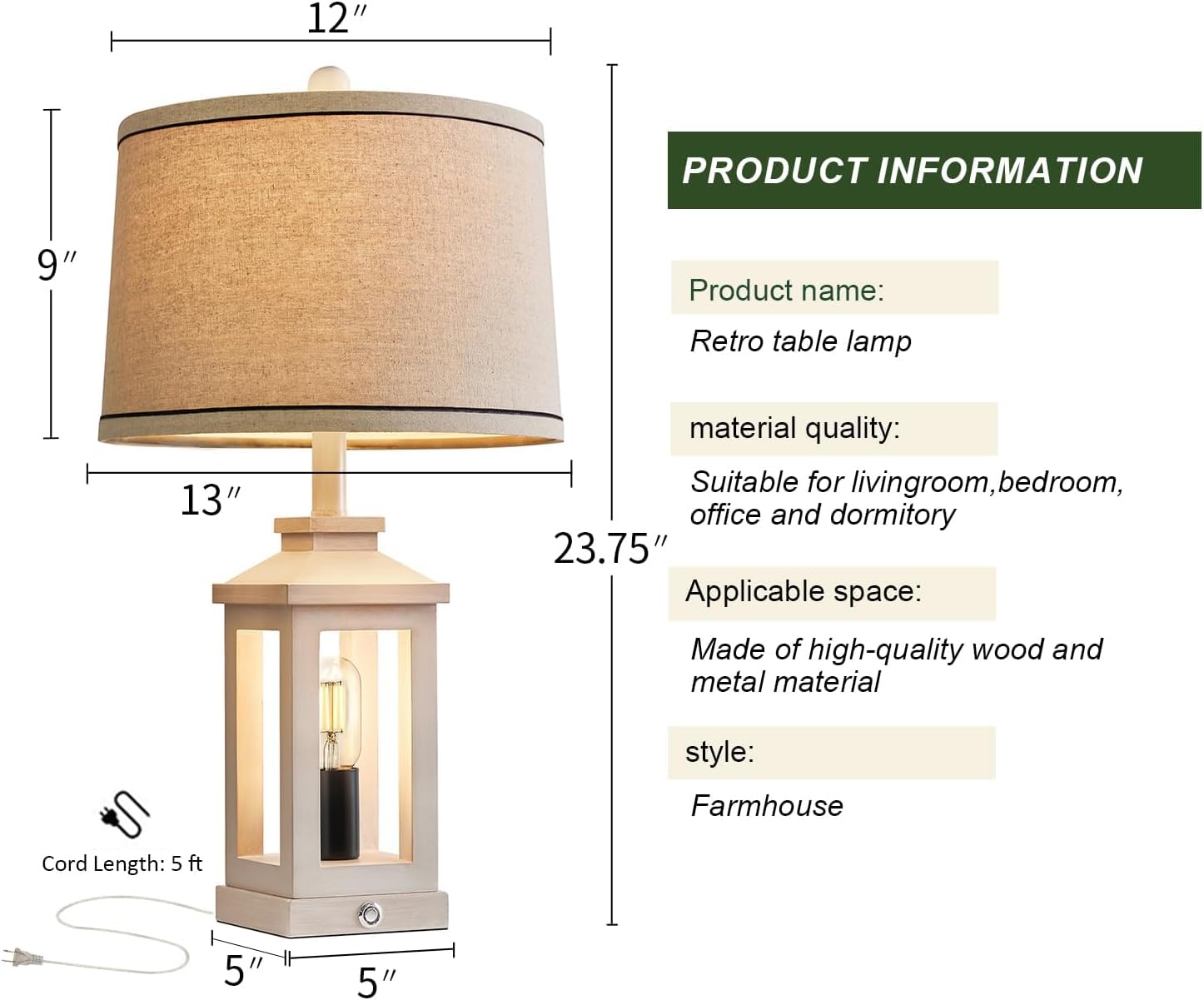 G-SAFAVA 23.75" Retro Farmhouse USB C+A Ports Table Lamp Set of 2 with 3 Way Dimmable Touch Control White Nightlight Vintage Modern Lamp…