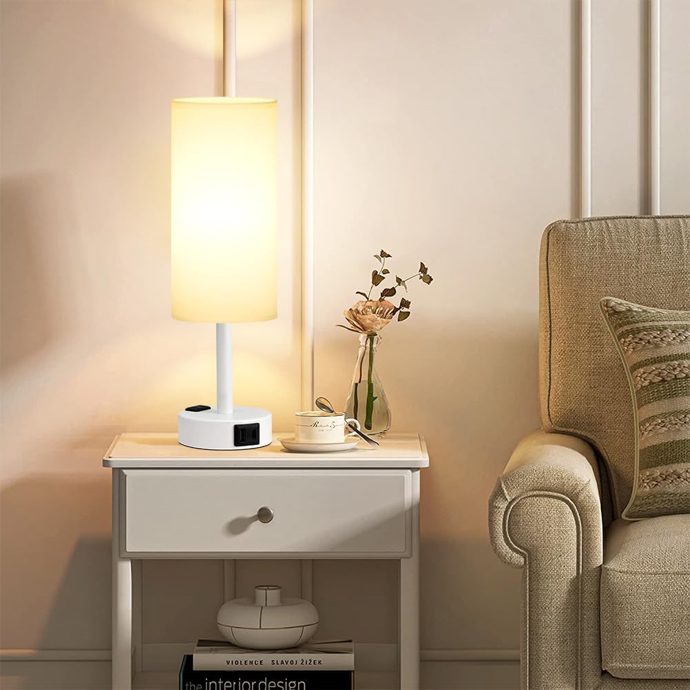 Fenmzee Matte White Bedside Table Lamp for Bedroom - 3 Way Dimmable Touch Lamp USB C Charging Ports and AC Outlet, Small Lamp Round…