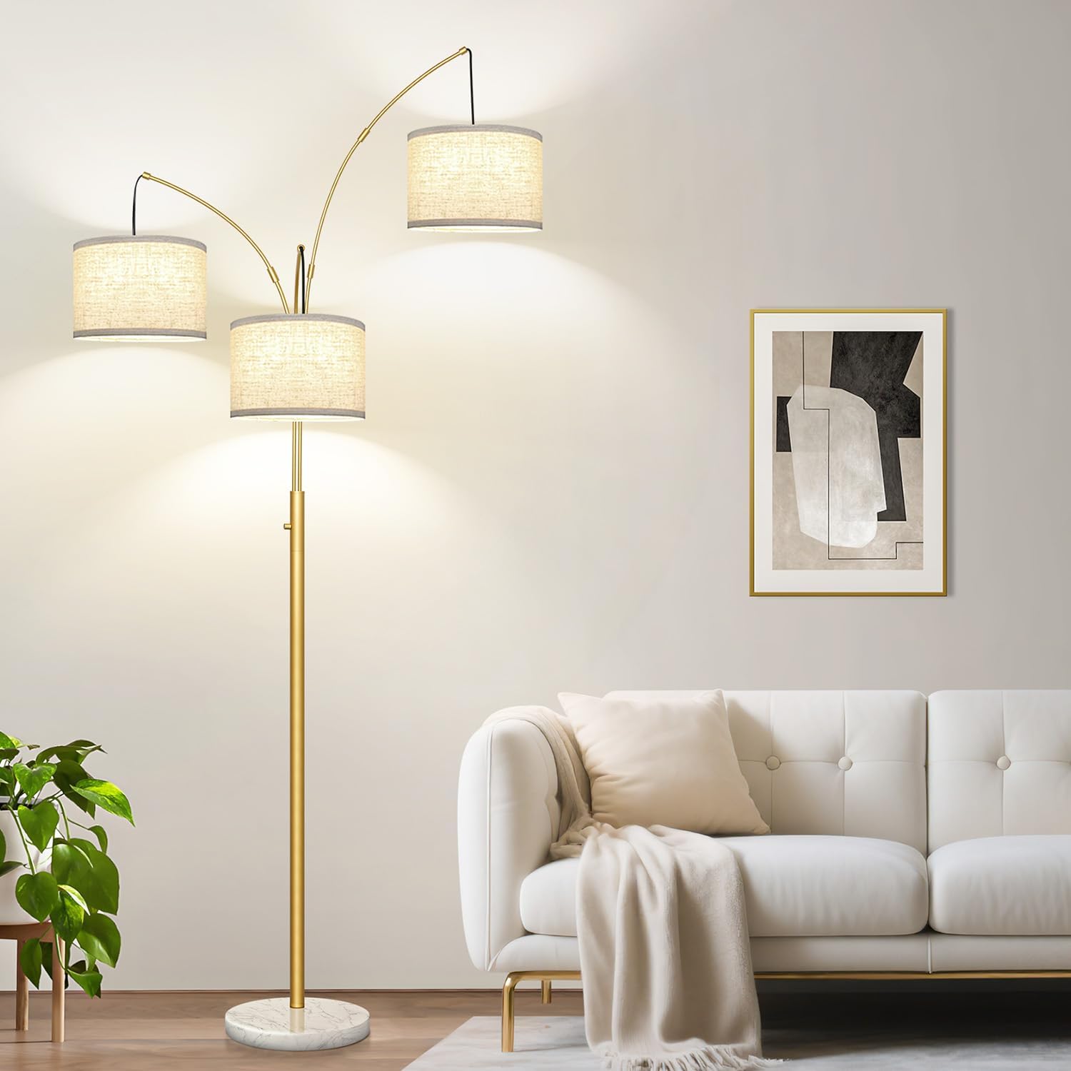 Dimmable Floor Lamp - 3 Lights Gold Arc Floor Lamps for Living Room, 1000LM Modern Tall Standing Lamp with White Shade&Marble Base, Mid…