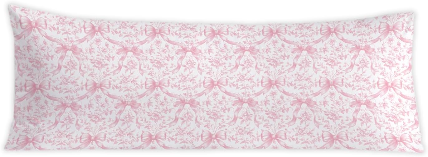 Coquette Pink Bow Chinoiserie Floral 20x54 Body Pillow Cover, Grandmillennial Home Decor, Cottagecore Preppy Pink Flower Decorative Long…