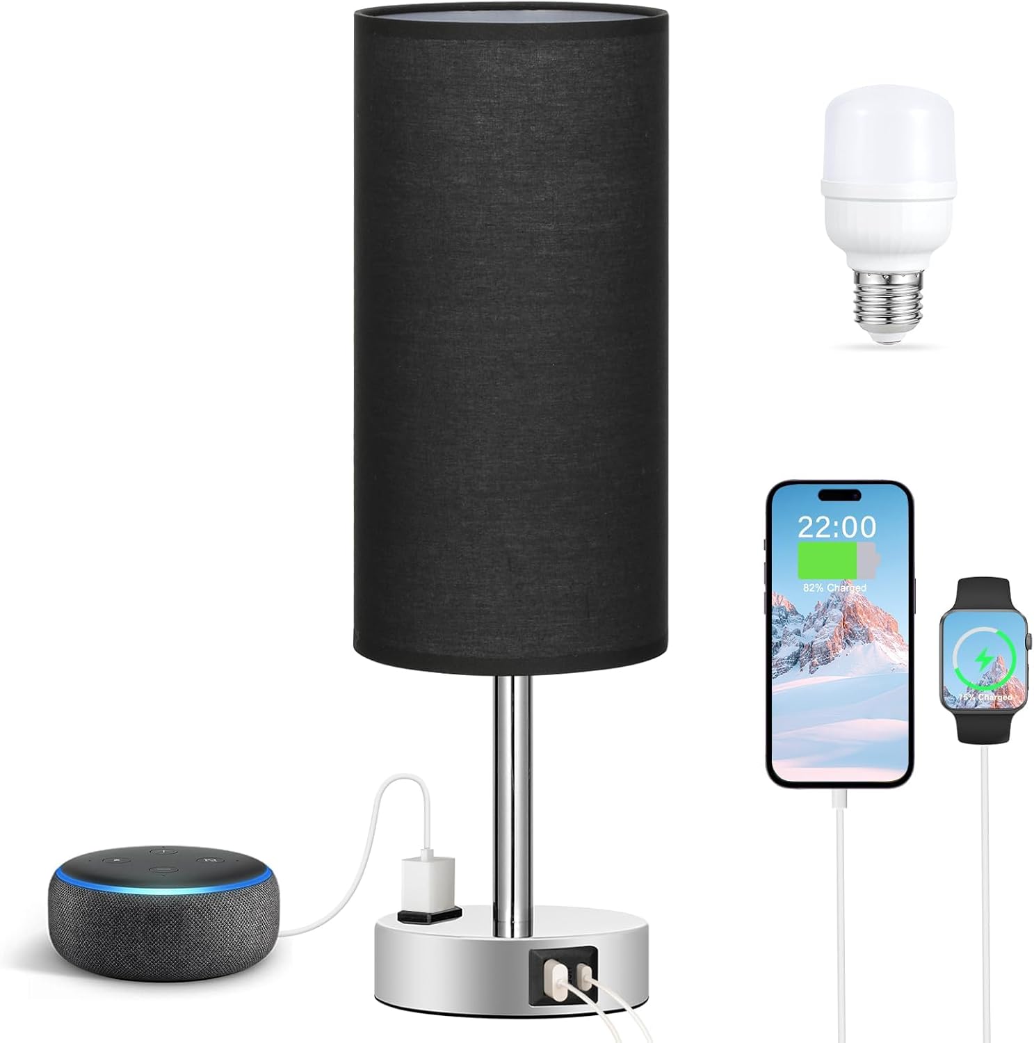 Black Bedroom Table Lamp for Bedside - 3 Way Dimmable Touch Lamp USB C A Charging Ports and AC Outlet, Small Desk Lamp for Nightstand for…