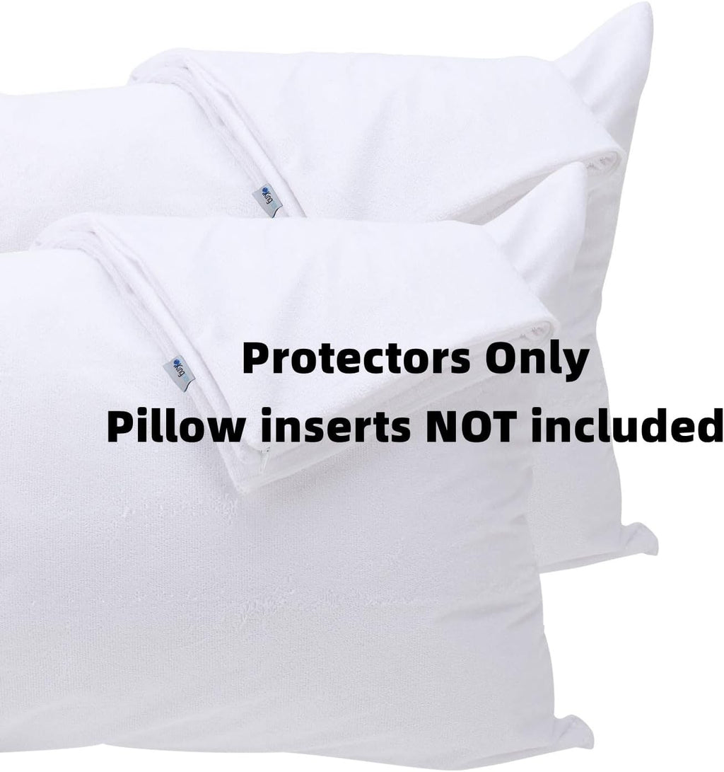 Kingnex 4 Pack Feather Proof Pillow Protectors Queen Size with Zipper - Waterproof - Down Proof Terry Surface 4 Pack Bamboo White