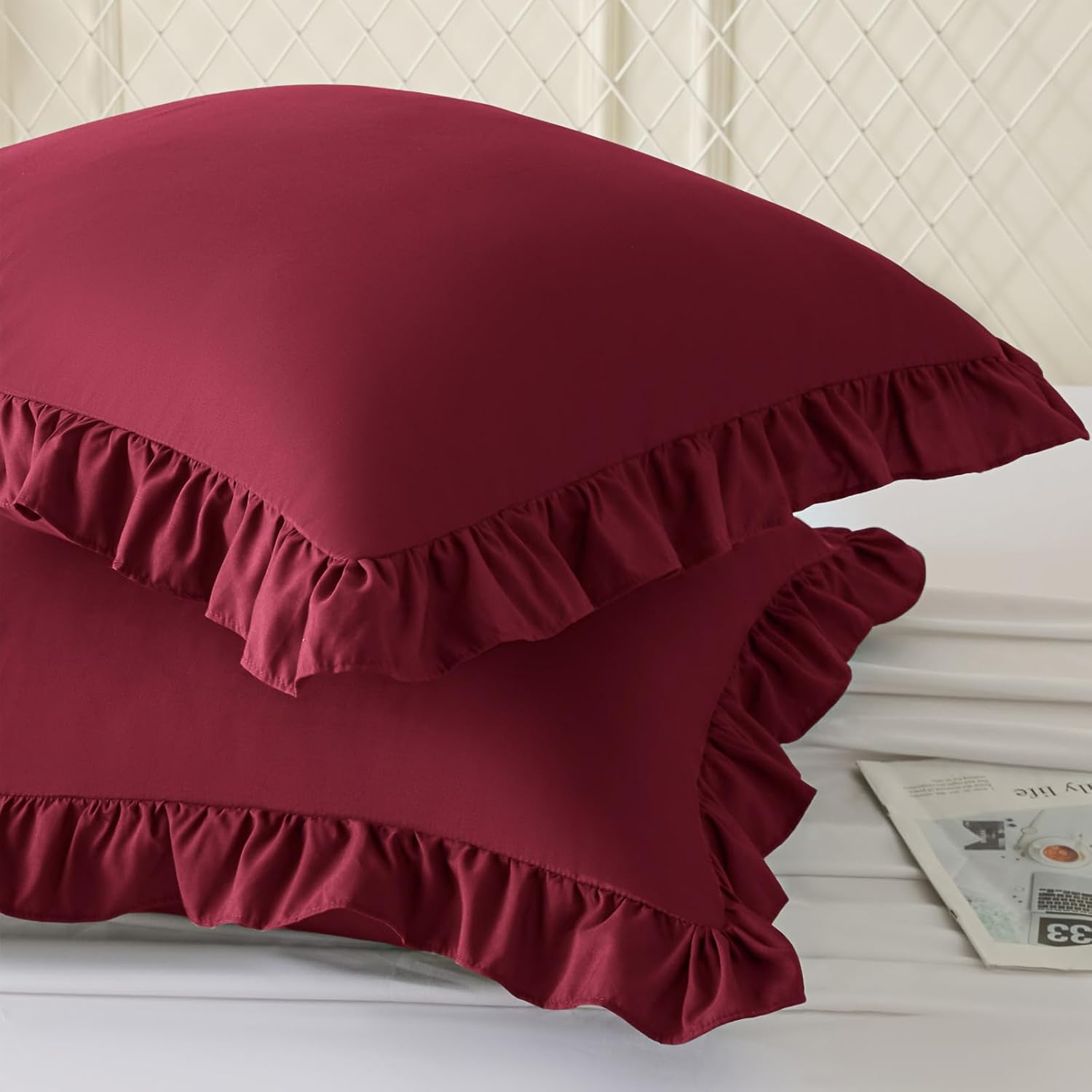 KKJIAF Ruffle Pillow Cases 26x26 Inches, Burgundy Square Ruffled Pillow Covers Set of 2, Microfiber Wrinkle Resistant Pillow Shams with…