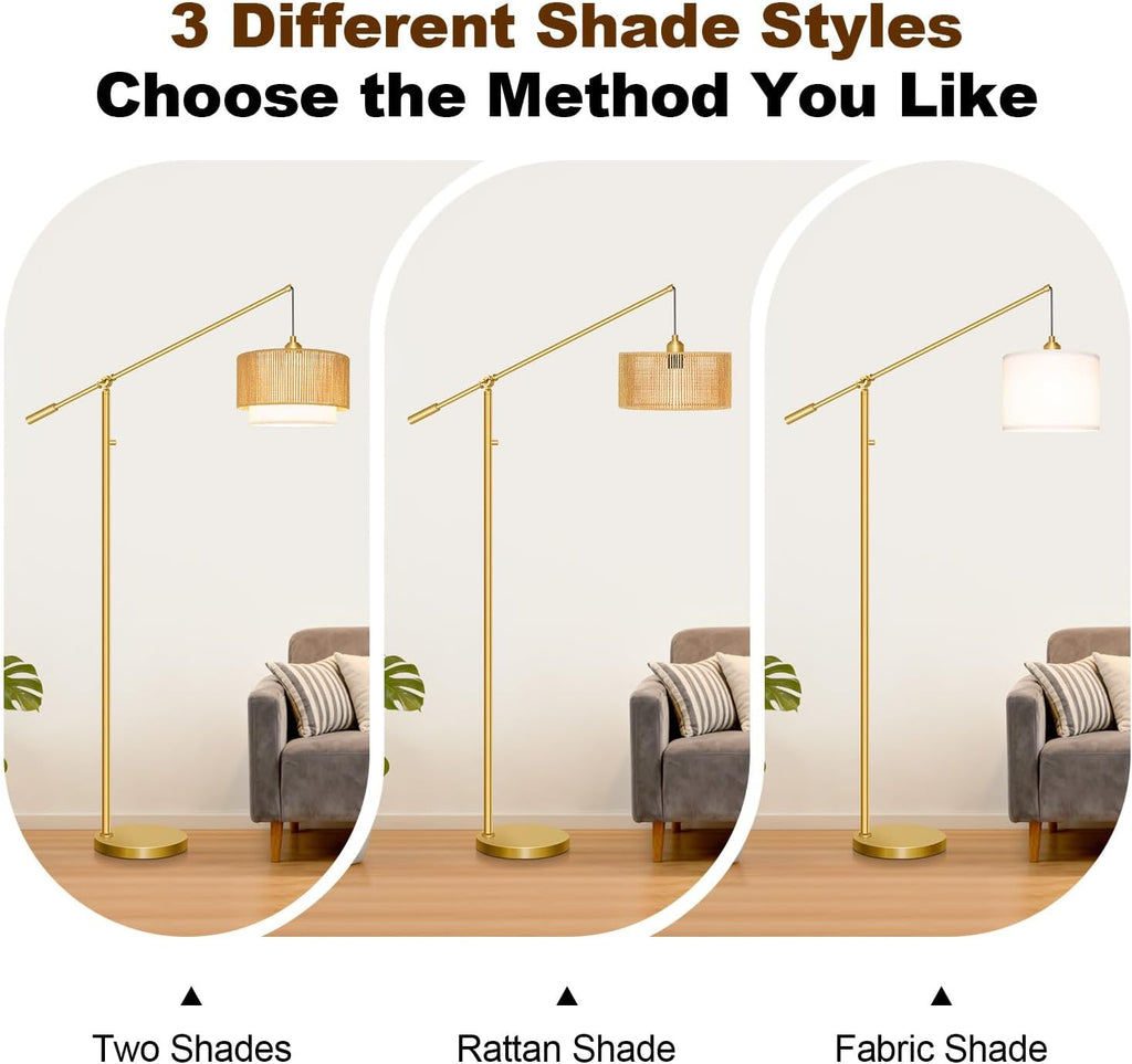Upgraded】Arc Floor Lamp for Living Room, Boho Dimmable Swing Arm Floor Lamp with Rattan & Fabric Shades, Gold Rattan Standing Lamp with…