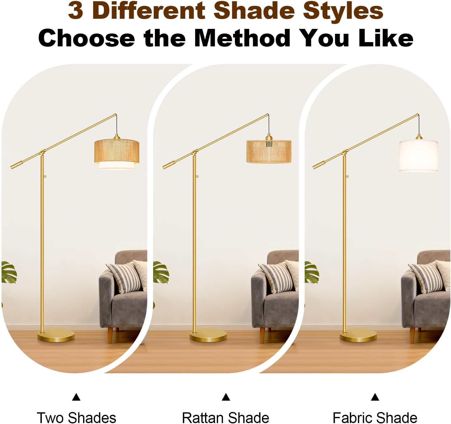Upgraded】Arc Floor Lamp for Living Room, Boho Dimmable Swing Arm Floor Lamp with Rattan & Fabric Shades, Gold Rattan Standing Lamp with…