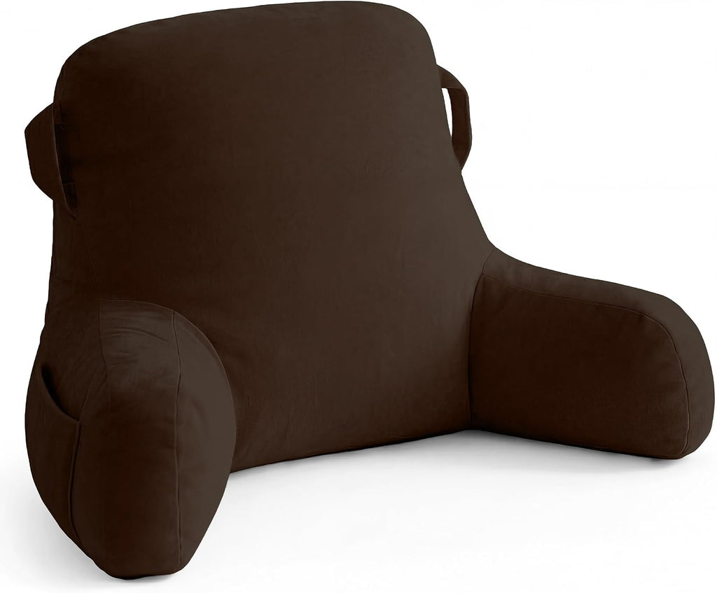 Unisakey Portable Comfy Reading Pillows for Bed Sitting Up(Brown Oeko-Tex), Velvet Back Pillow with Arms & Pockets for Adults, Support…