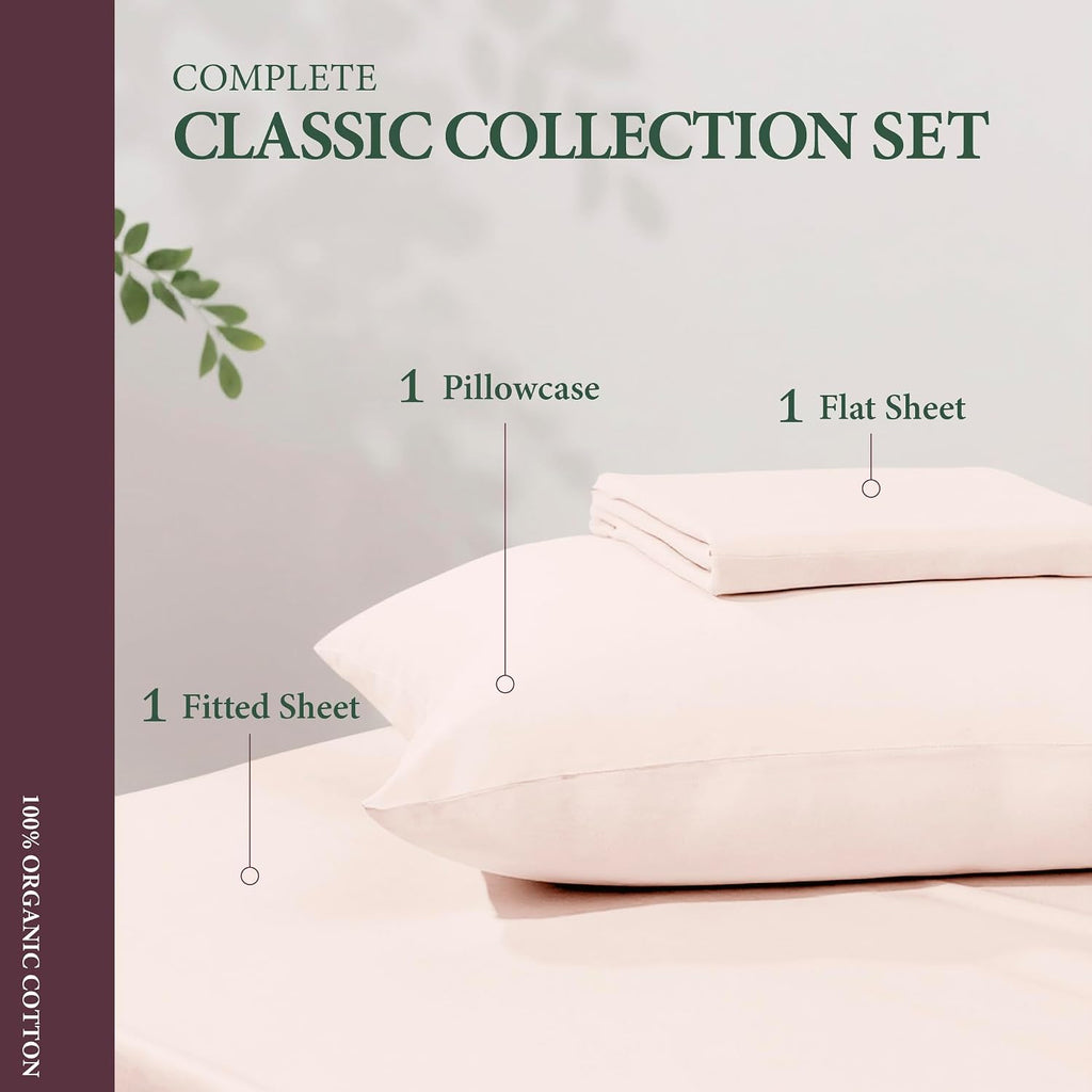 AshtonSheets 100% Organic Cotton Sheets Twin XL Size - Organic Cotton Twin XL Size Percale Weave Sheet Set (3 PC, Blush), Soft, Cooling, Cr…