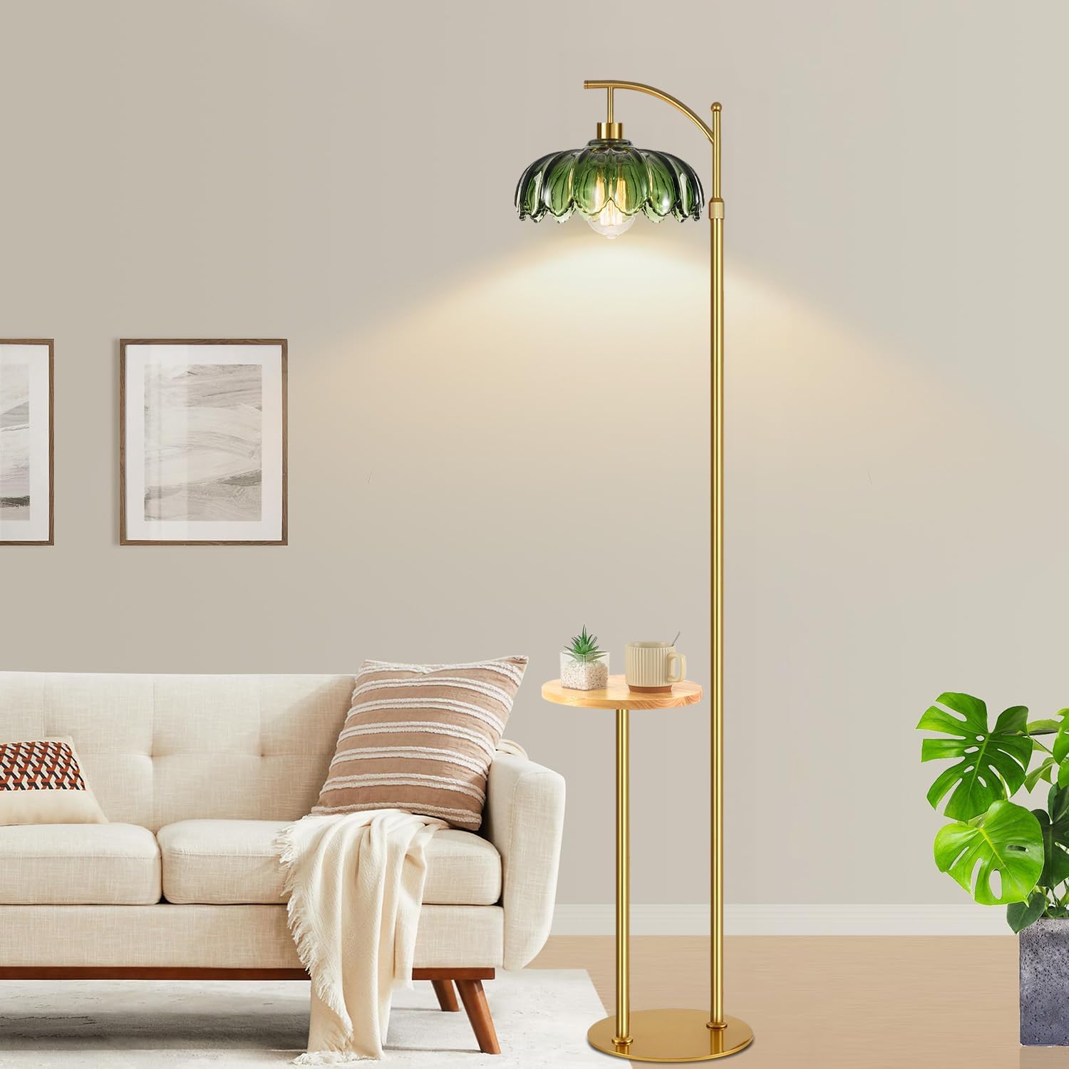 QIYIZM Glass Floor Lamp with Table and Shelves for Living Room Bedroom, Gold Standing Lamp with Remote Dimmable, Boho Brass Tall Lamp…