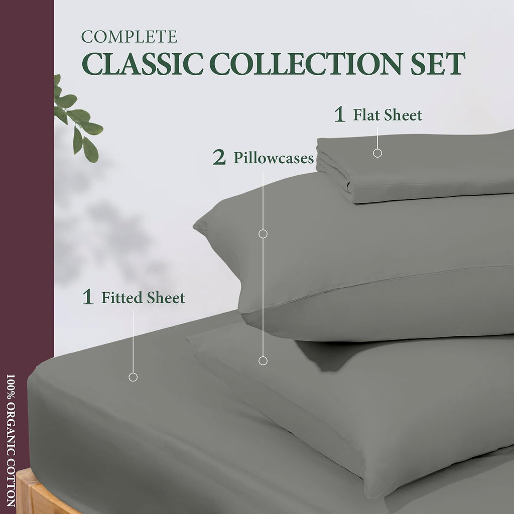 AshtonSheets 100% Organic Cotton Sheets Queen Size - Organic Cotton Queen Size Percale Weave Sheet Set (4 PC, Dark Grey), Soft, Cooling, Cr…