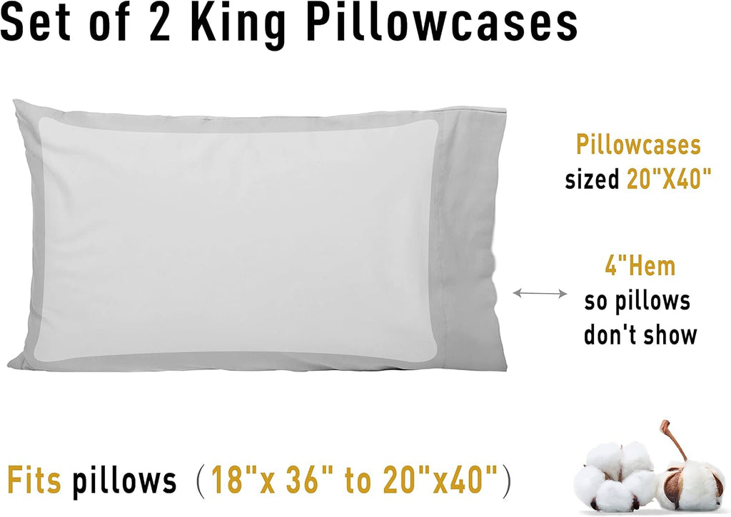 Sunflower King Pillowcases Set of 2, 100% Cotton King Pillow Cases 2, 20×40 inches Ash, Soft and Breathable