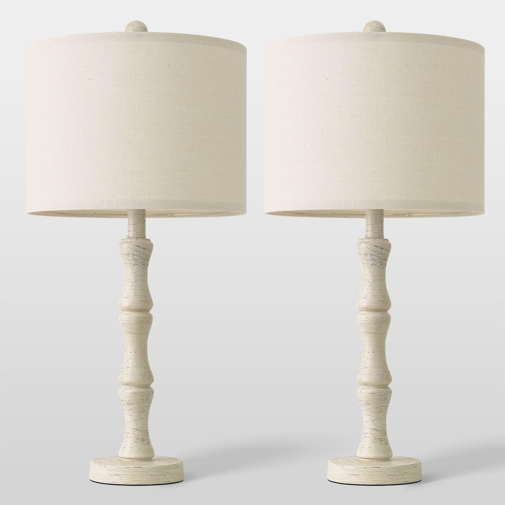 BOBOMOMO 25" Farmhouse Bedside Lamps Set of 2, Vintage Nightstand Lamps with Antique White Resin Base & Linen Shade, Standard Table Lamps…