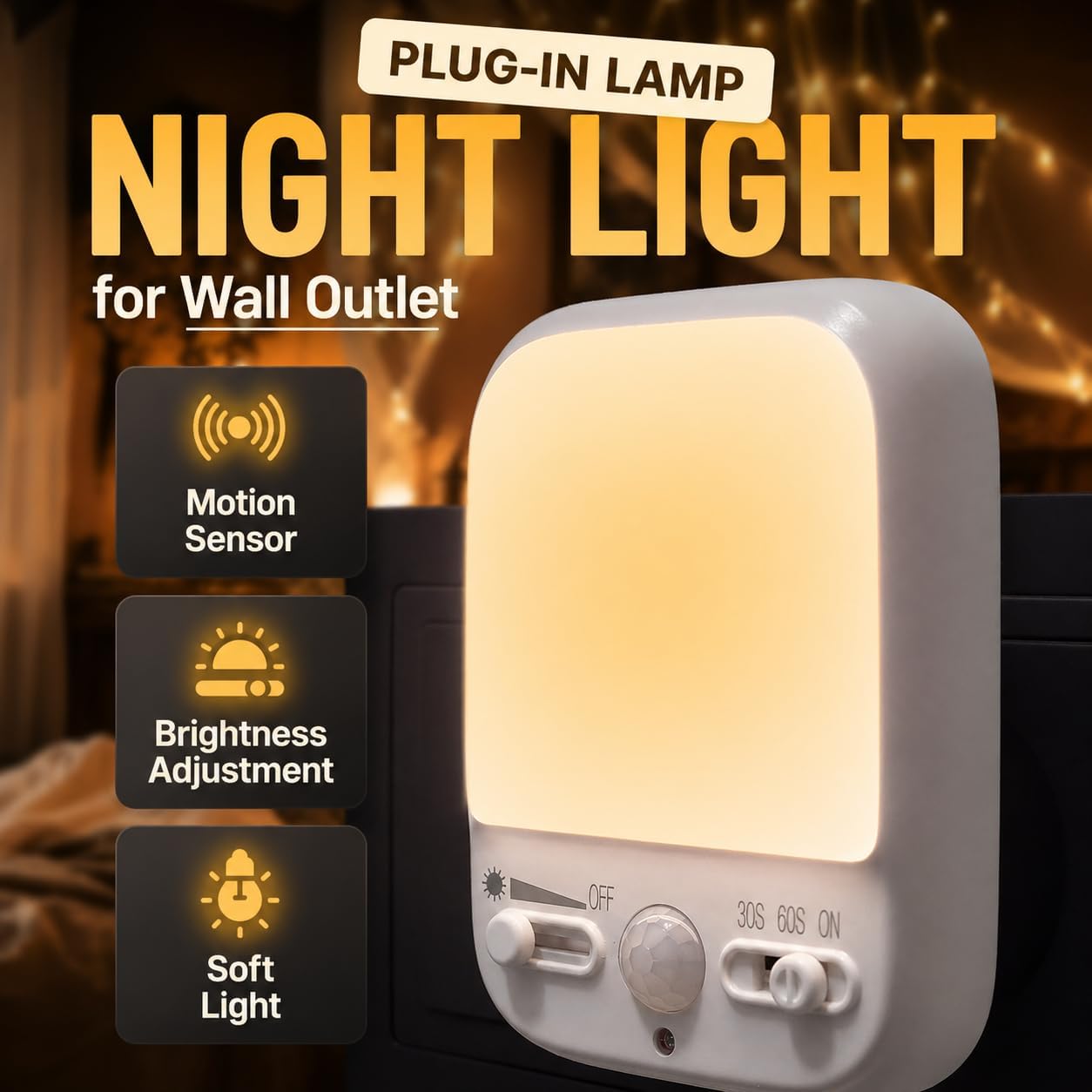 ShopN5 Night Sensor LED Motion-Activated Night Light Rotatable Dusk to Dawn AC Outlet Plug-in Wall Night Sensor Light for Bedroom Hallway S…