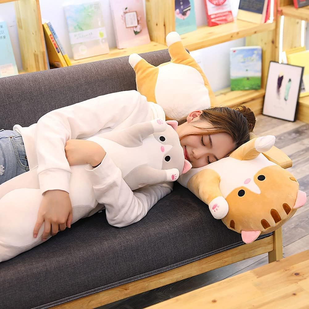 Oeonuas Cute Cat Plush Long Body Pillow Cuddle Cartoon Stuffed Animals Cat Plushie Soft Doll Pillows Gifts for Kids Girls (Gray, 51 Inches)…