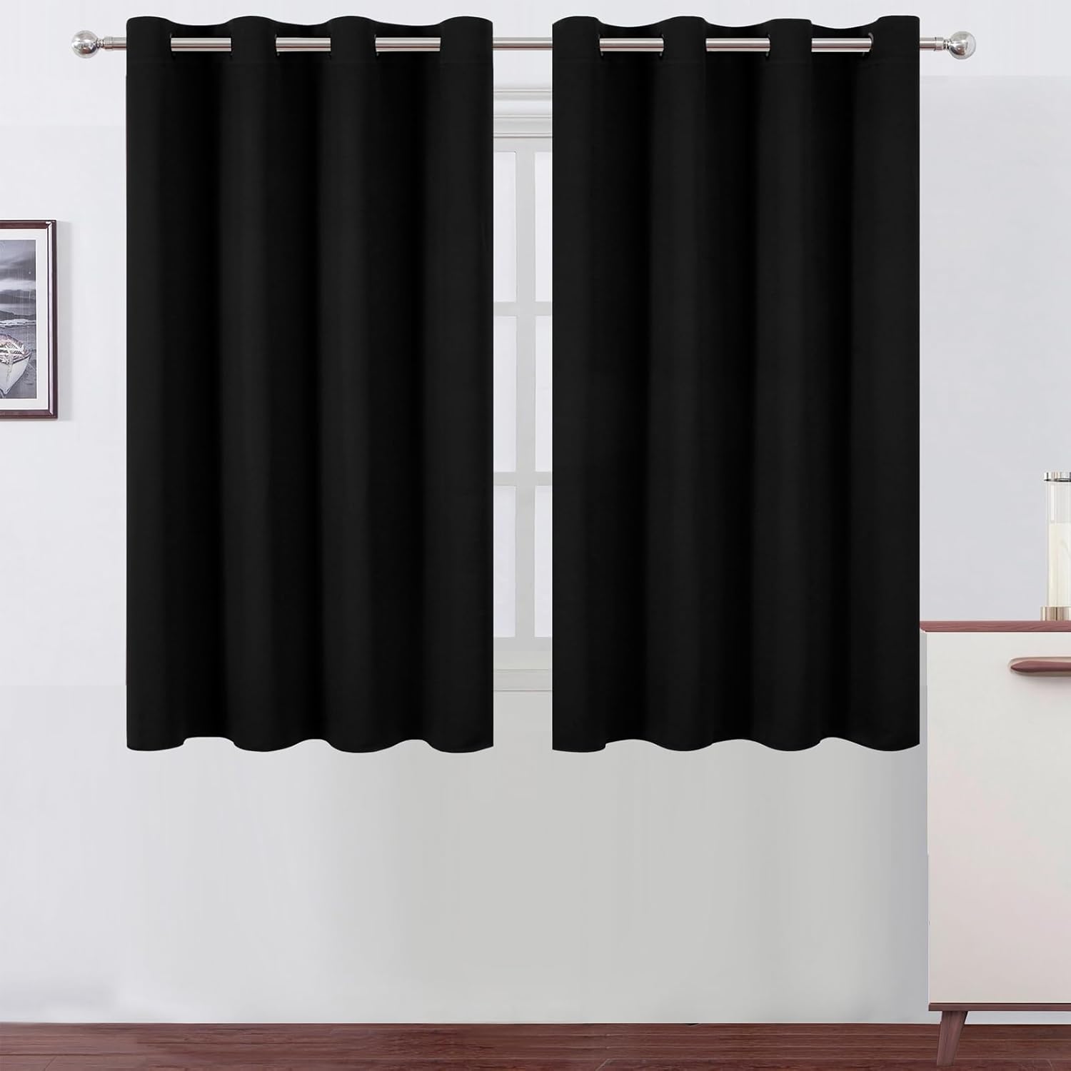 Lemomo Blackout Curtains 66 x 54 Inch Long Black Curtains Set of 2 Panels Room Darkening Curtains for Bedroom and Living Room 54 Inch Black