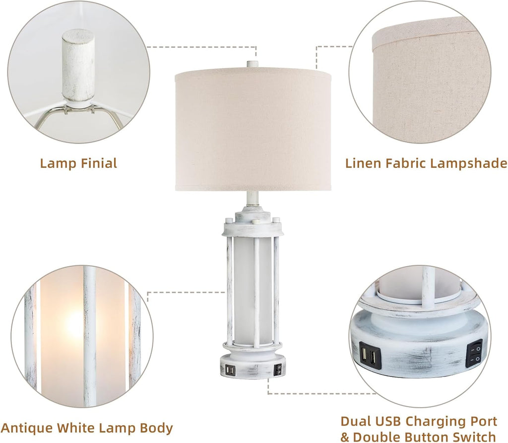 AIEAMPDO 25" Rustic Table Lamps Set of 2, Vintage Nightstand Lamps with 2 USB Ports, Farmhouse Antique White Desk Lamp with Glass Night…
