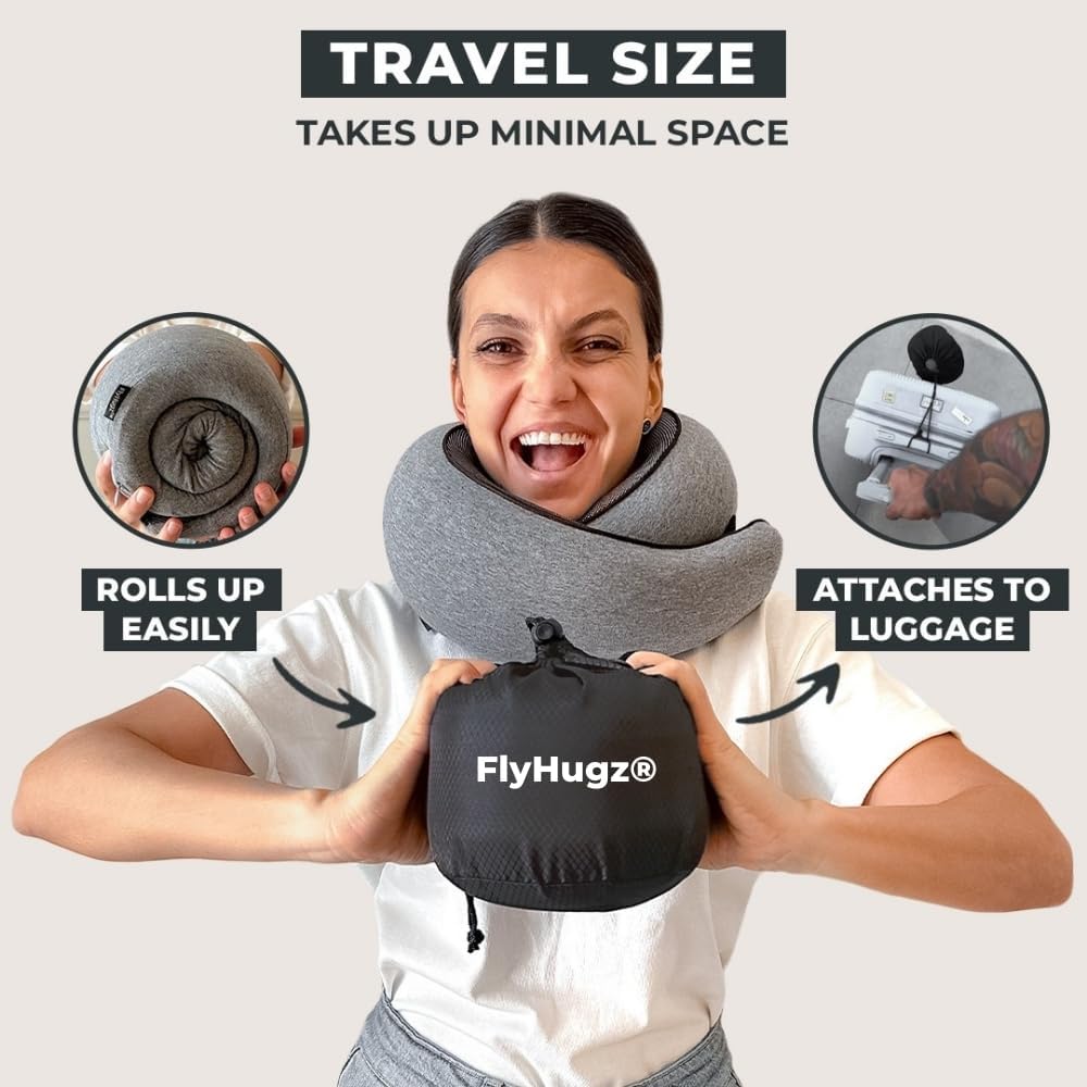 FlyHugz® Neck Travel Pillow Memory Foam Neck Pillow for Comfort on Airplane Compact and Ergonomic Design for Travel, Car Rides, and Home…