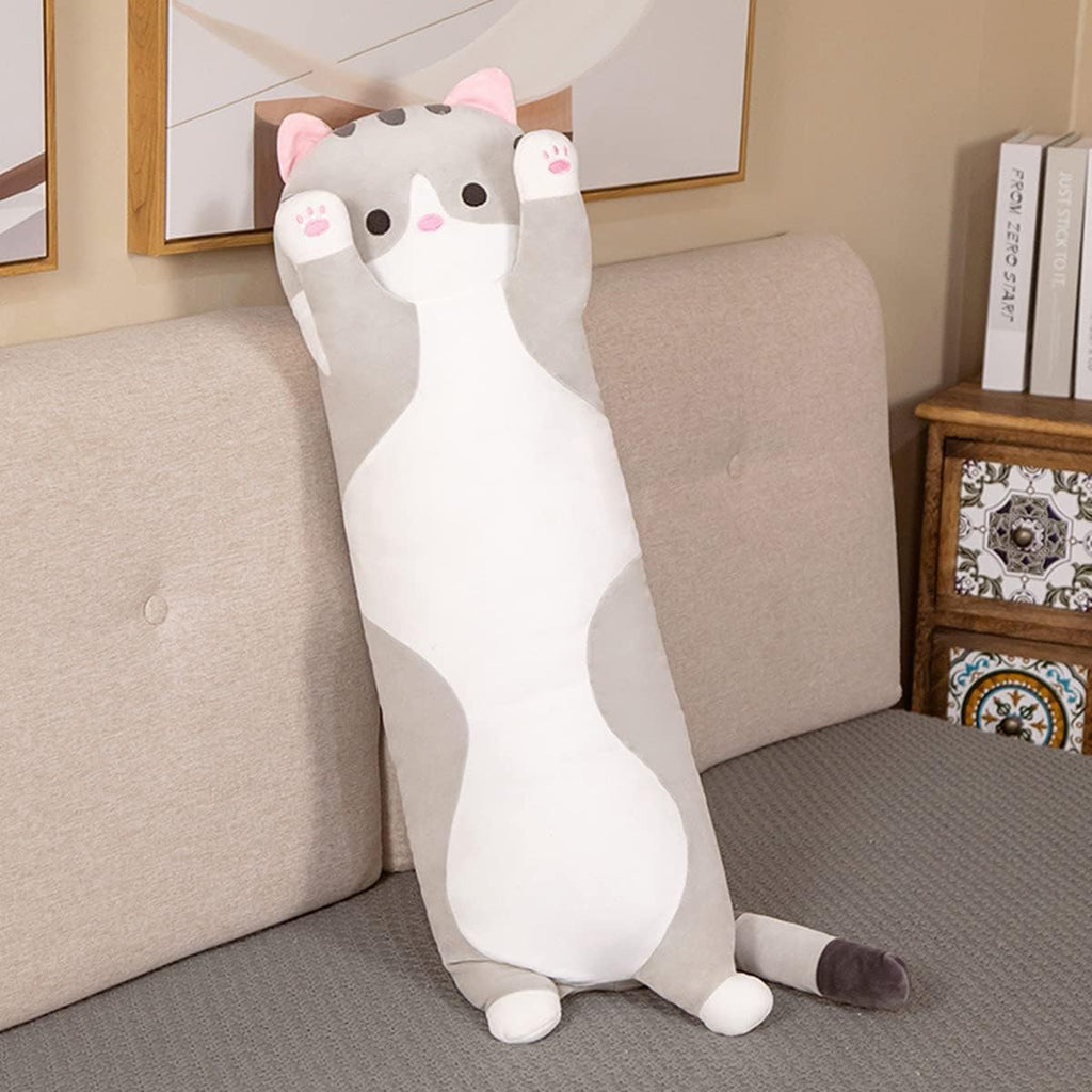 Rexinc Long Gray Cat Plush Pillow Toy Sleeping Pillow Cute Cartoon Cat Stuffed Animals Soft Long Body Pillow Gift for Kids(35.43in)