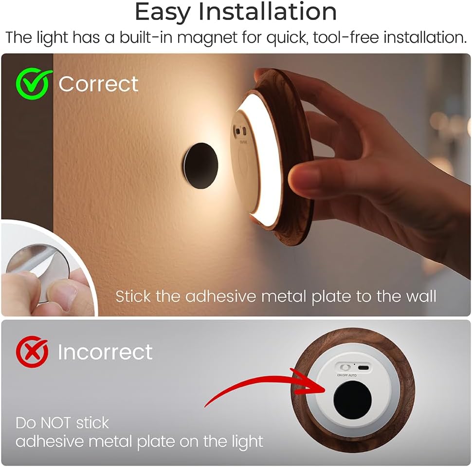 Motion Sensor Night Light Wood Rechargeable Battery Powered Stick-On Step Lights Magnetic Closet Warm Nightlight for Hallway Bedroom…