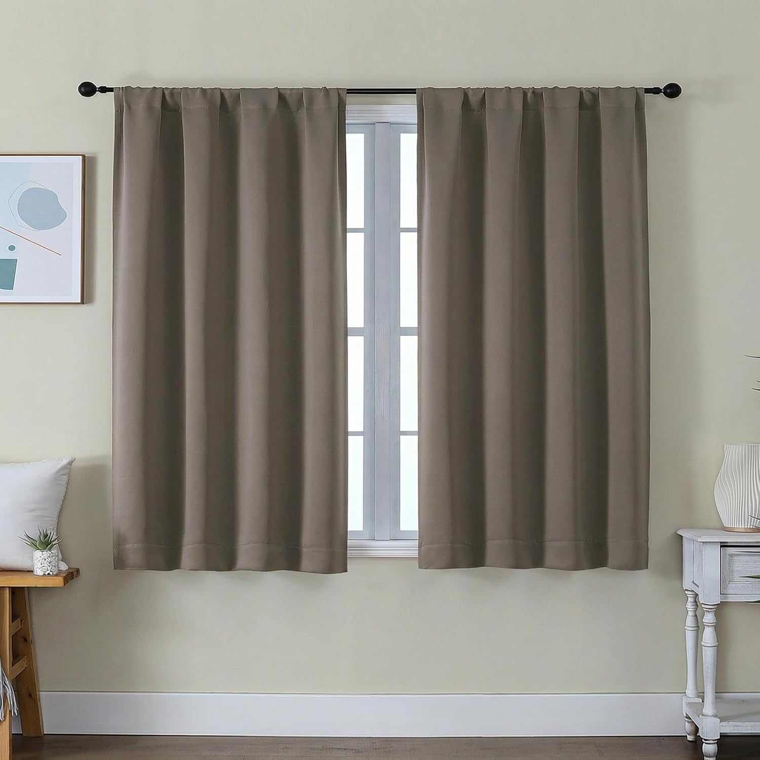Simplebrand Ava Latte Short Blackout Curtains for Bedroom 45 Inches Long 2 Panels Set, Solid Thermal Insulated, Energy Saving Window Treatm…