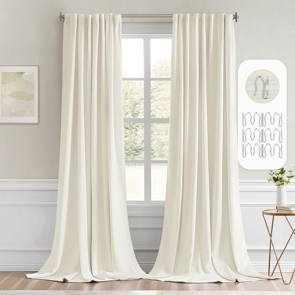 Miulee Cream Back Tab Blackout Curtains 120 Inch Long 2 Panels Set for Bedroom, Rod Pocket/Pinch Pleated Extra Long Thermal Insulated Livin…